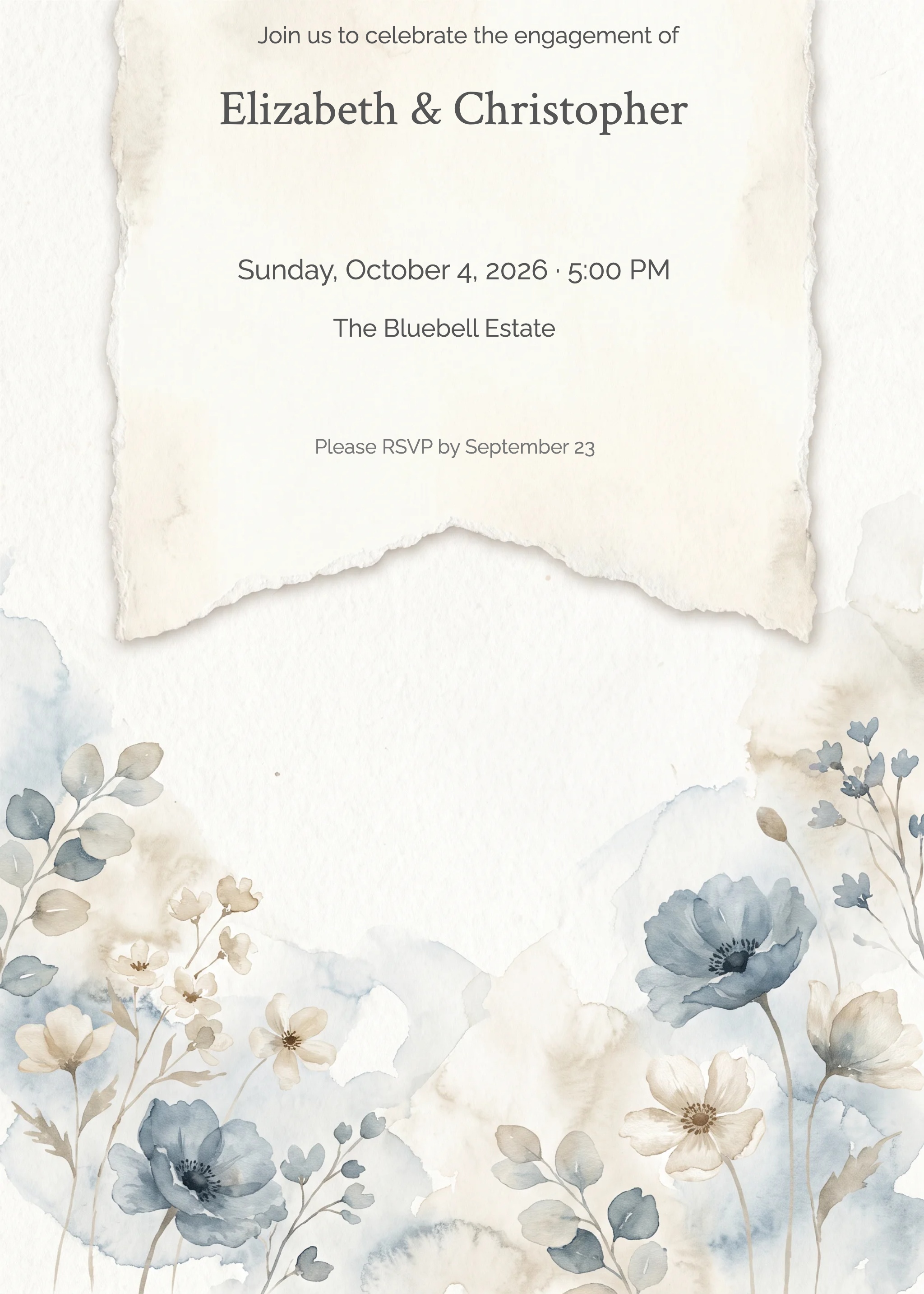 Engagement party invitation with dusty blue watercolor poppies and torn-paper texture element.