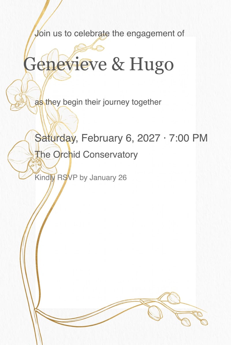 White Orchid Gold Line Art Engagement Party Invitation invitation