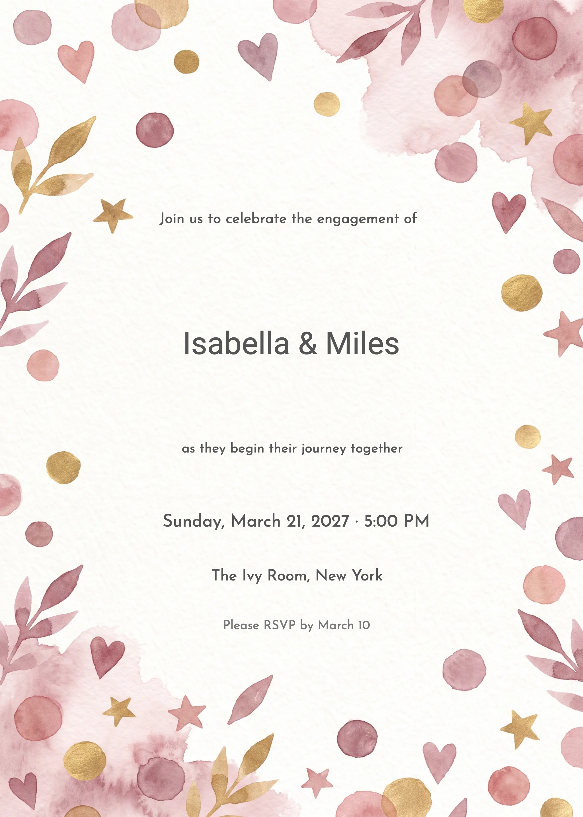 Engagement party invitation with watercolor pink blooms, gold stars, hearts, and botanical sprigs on cream background.