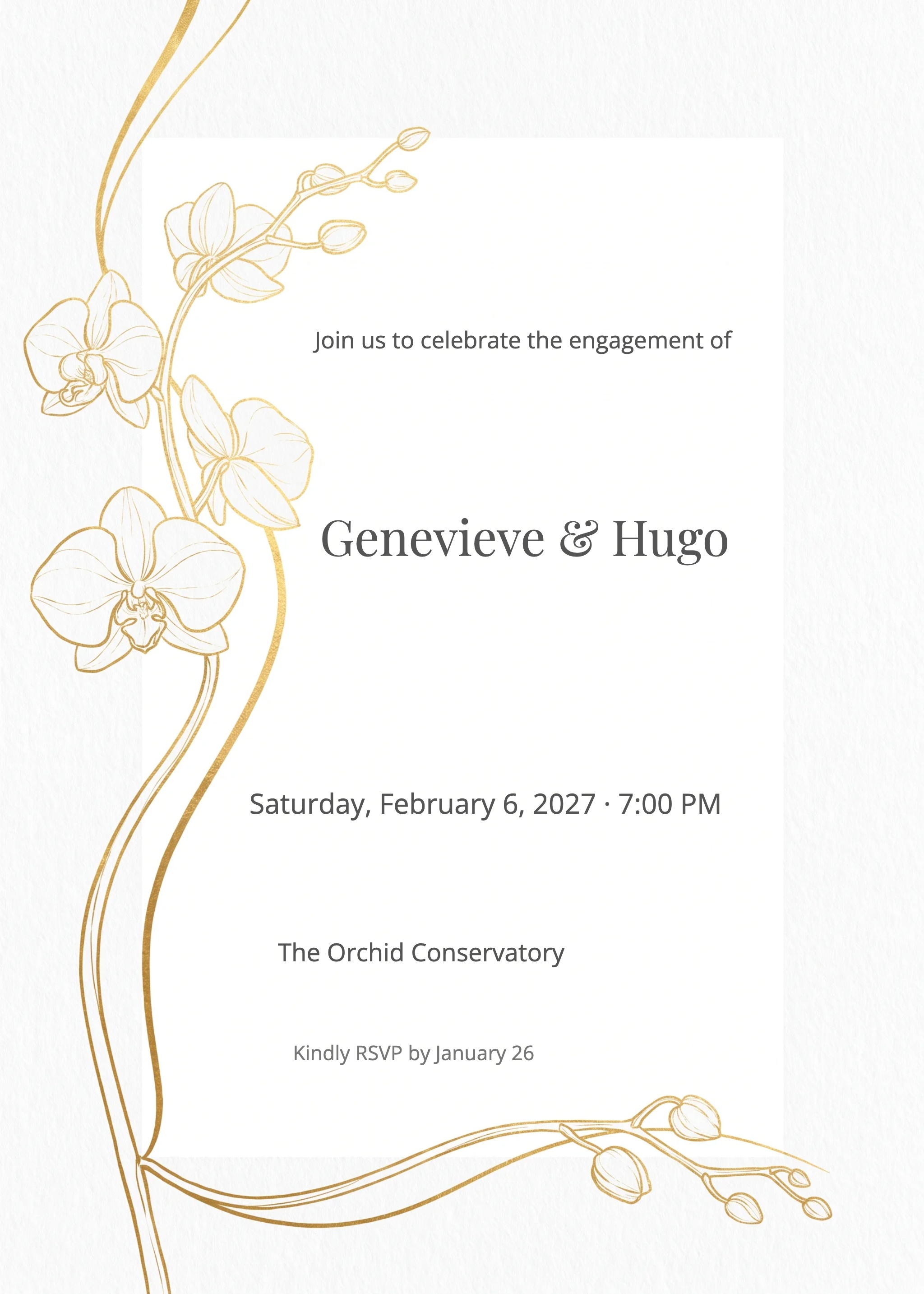 White engagement party invitation with gold orchid line art and serif typography.