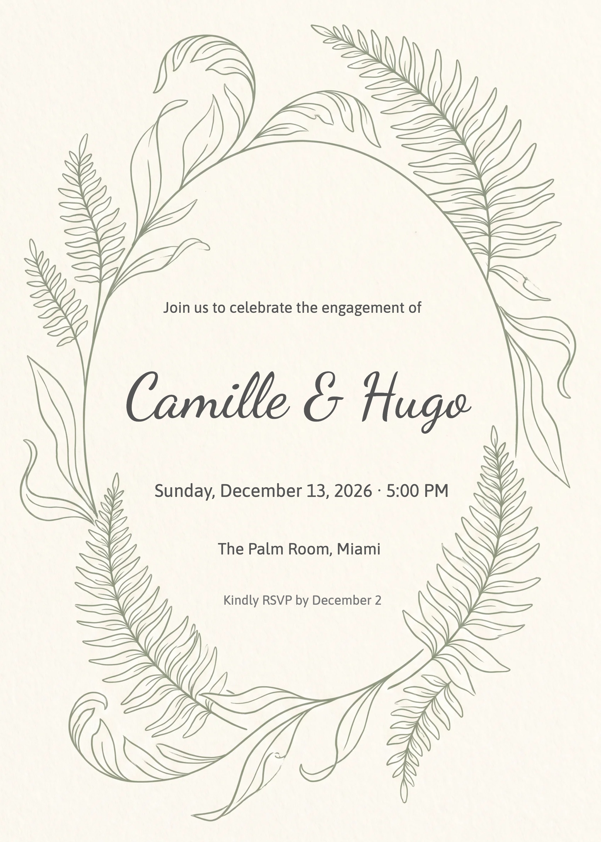 Engagement party invitation with sage fern line art wreath framing couple's names and event details.
