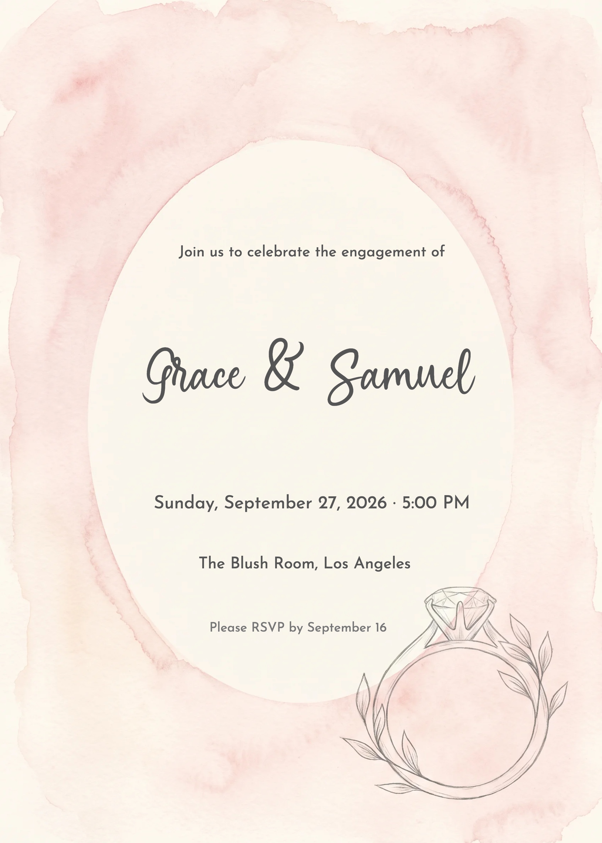 Blush pink watercolor engagement invitation with diamond ring botanical sketch and serif text.