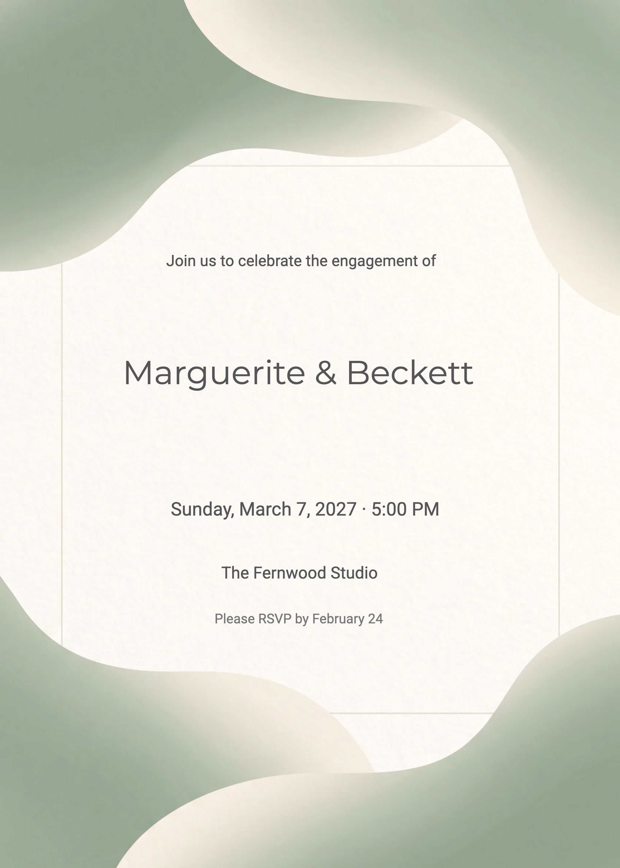 Sage green engagement party invitation with cream abstract shapes and serif couple names.