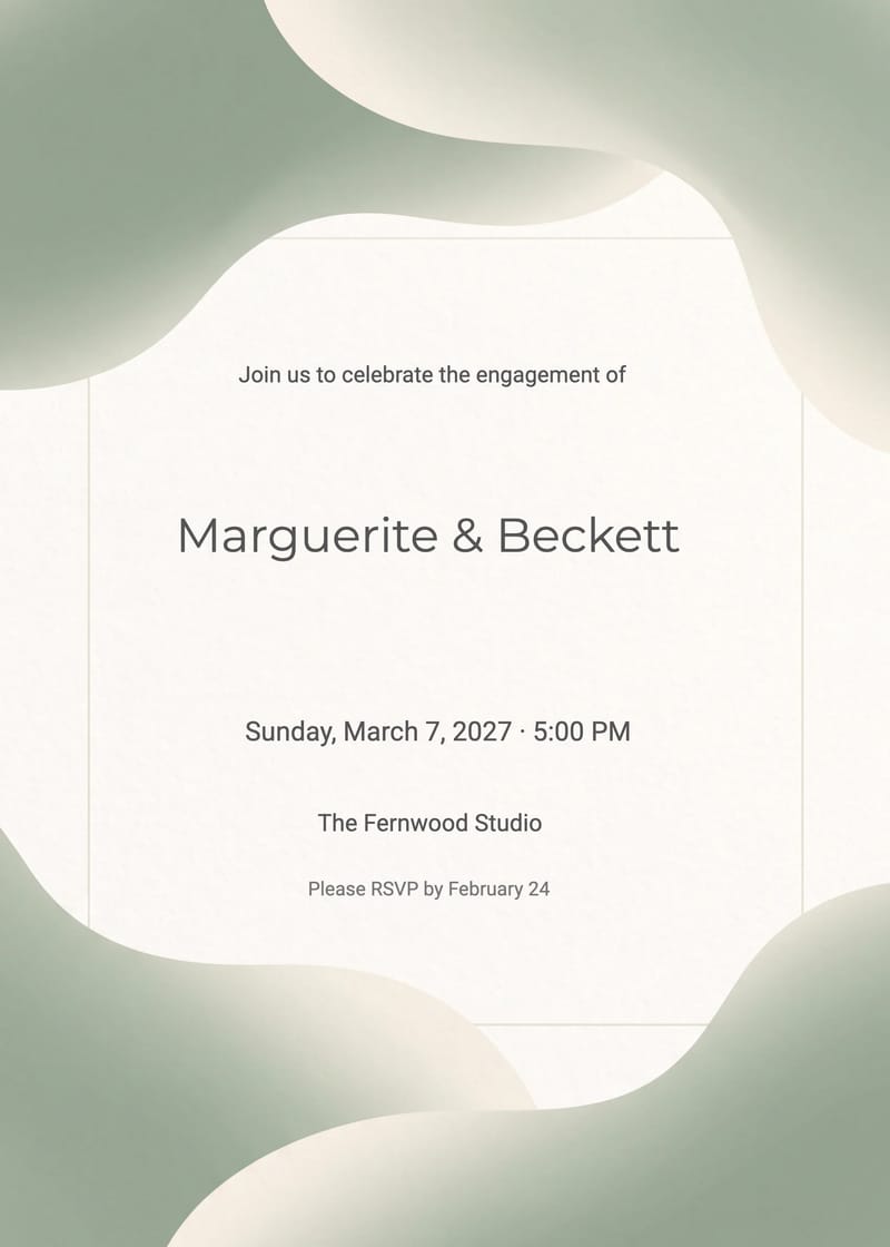 Sage green engagement party invitation with cream abstract shapes and serif couple names.