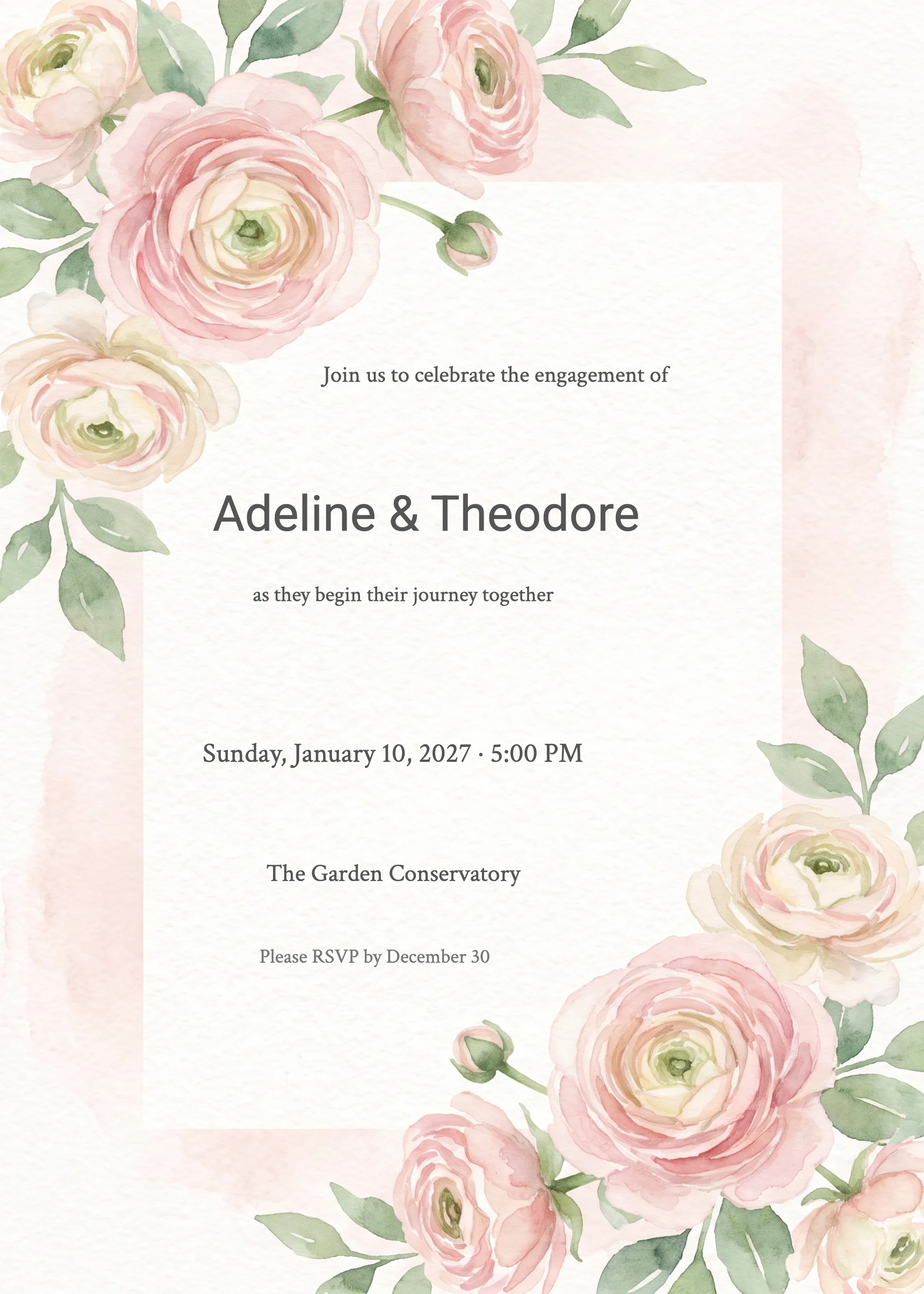 Engagement party invitation with blush watercolor ranunculus flowers and sage green foliage.