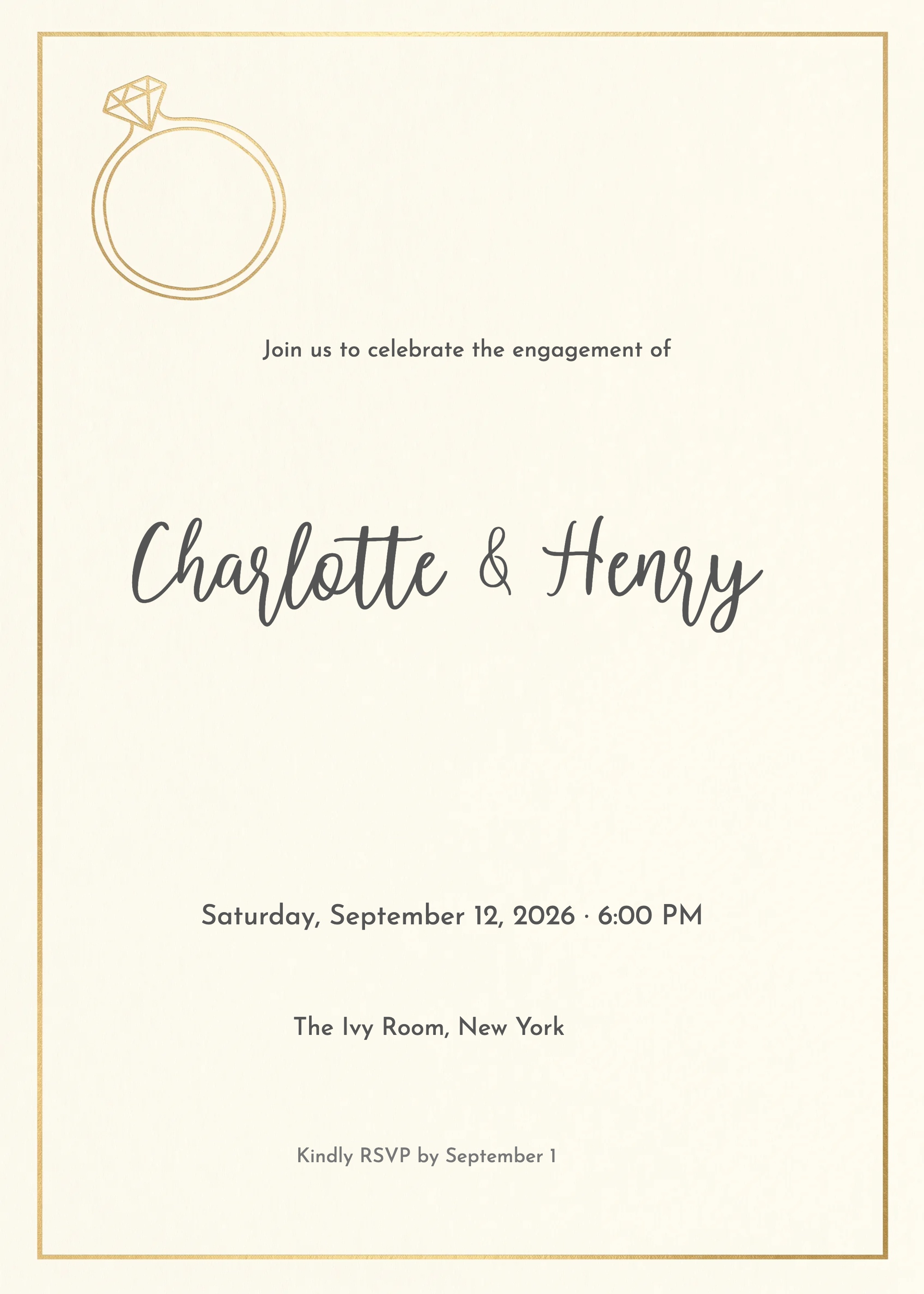 Cream engagement party invitation with gold border and diamond ring illustration.
