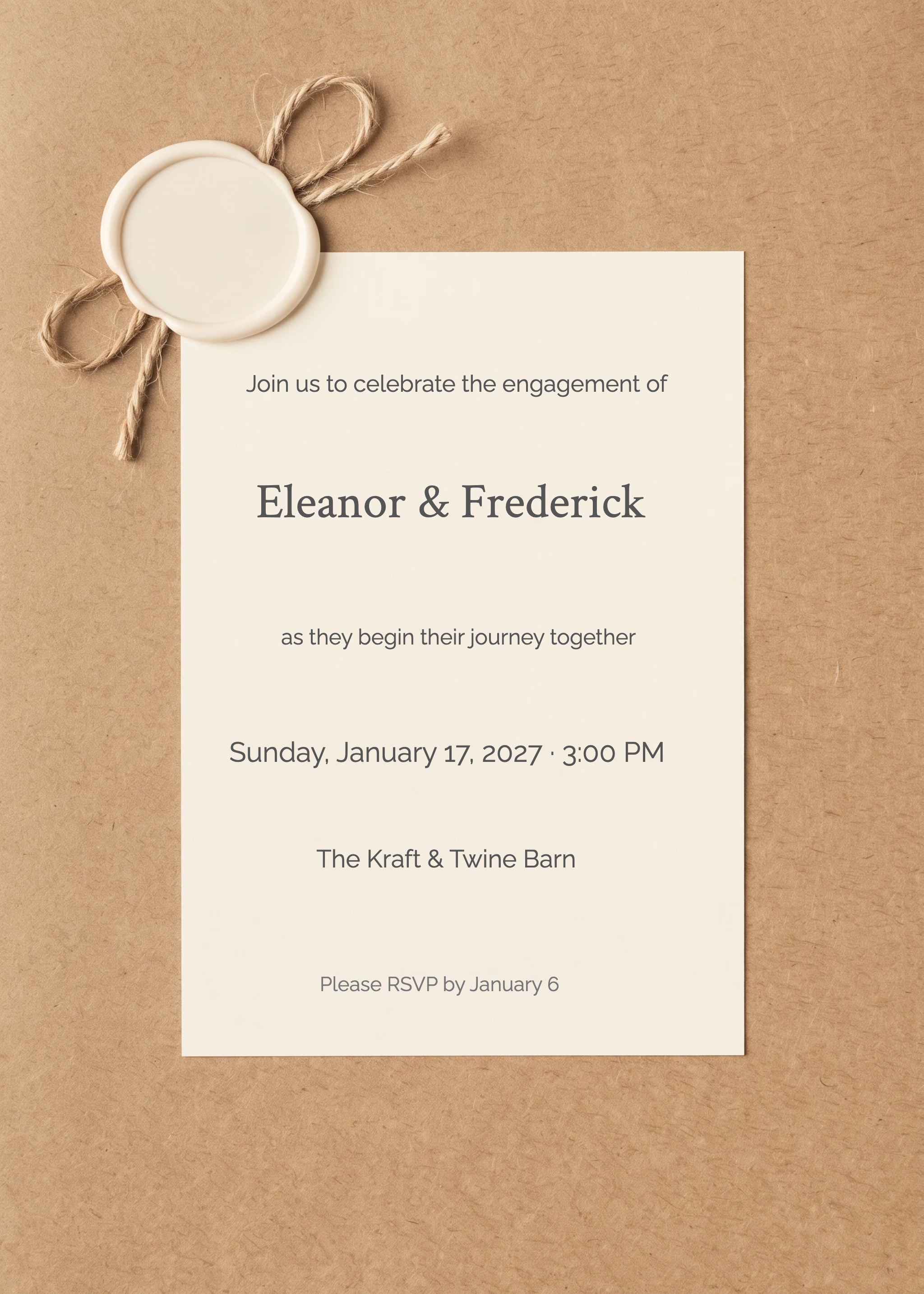 Kraft paper engagement party invitation with wax seal, twine bow, and cream card panel.