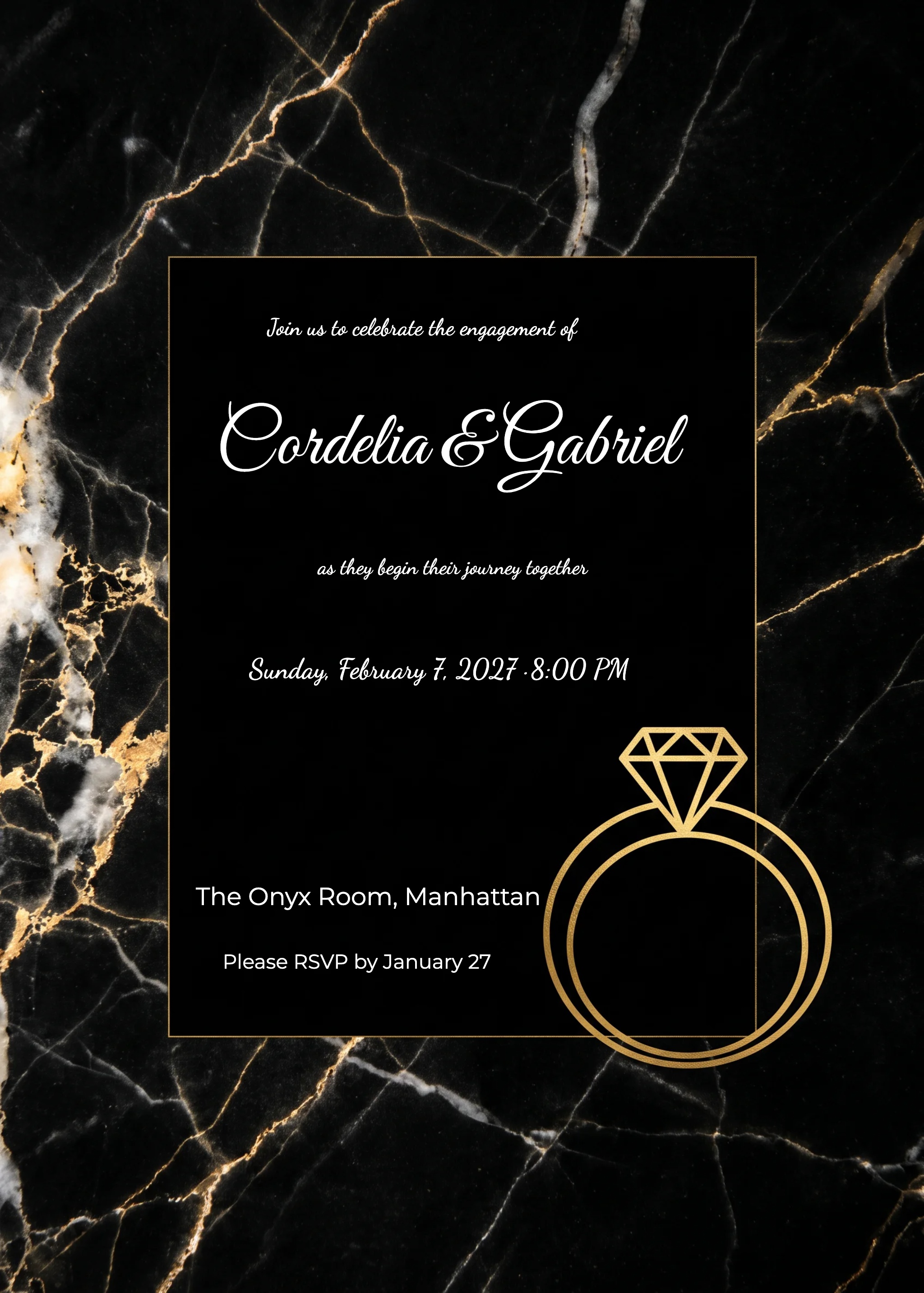 Black marble engagement party invitation with gold ring illustration and serif typography.