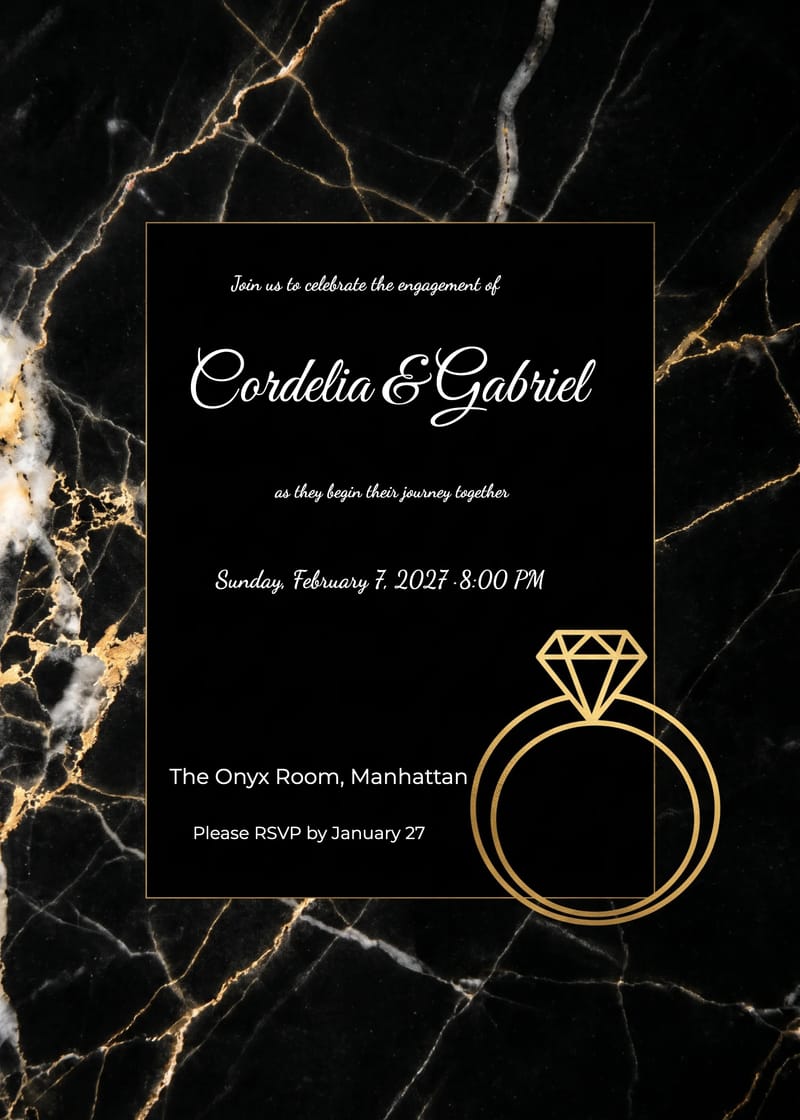Black marble engagement party invitation with gold ring illustration and serif typography.