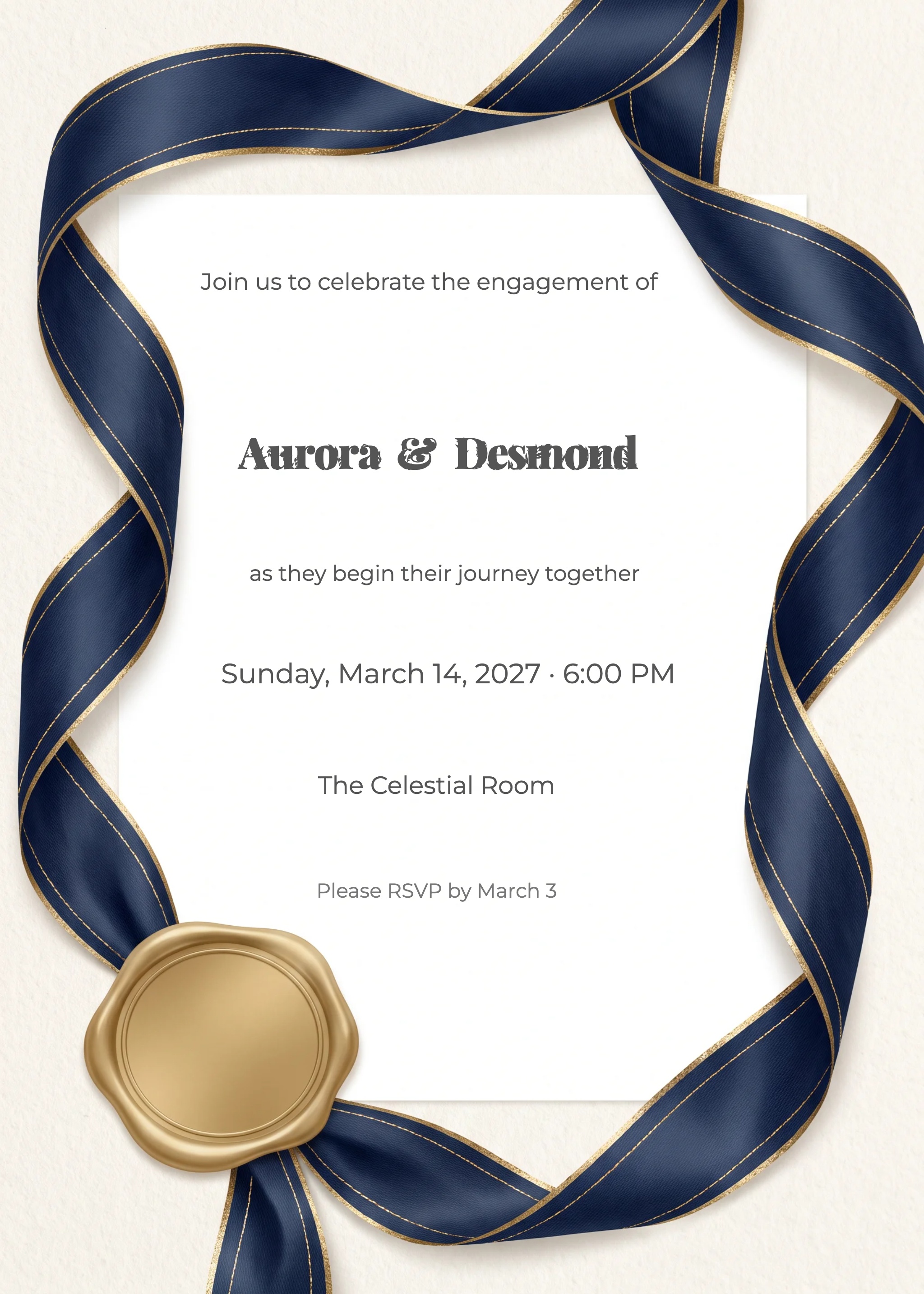 Engagement party invitation with navy ribbon, gold wax seal, and white card panel.