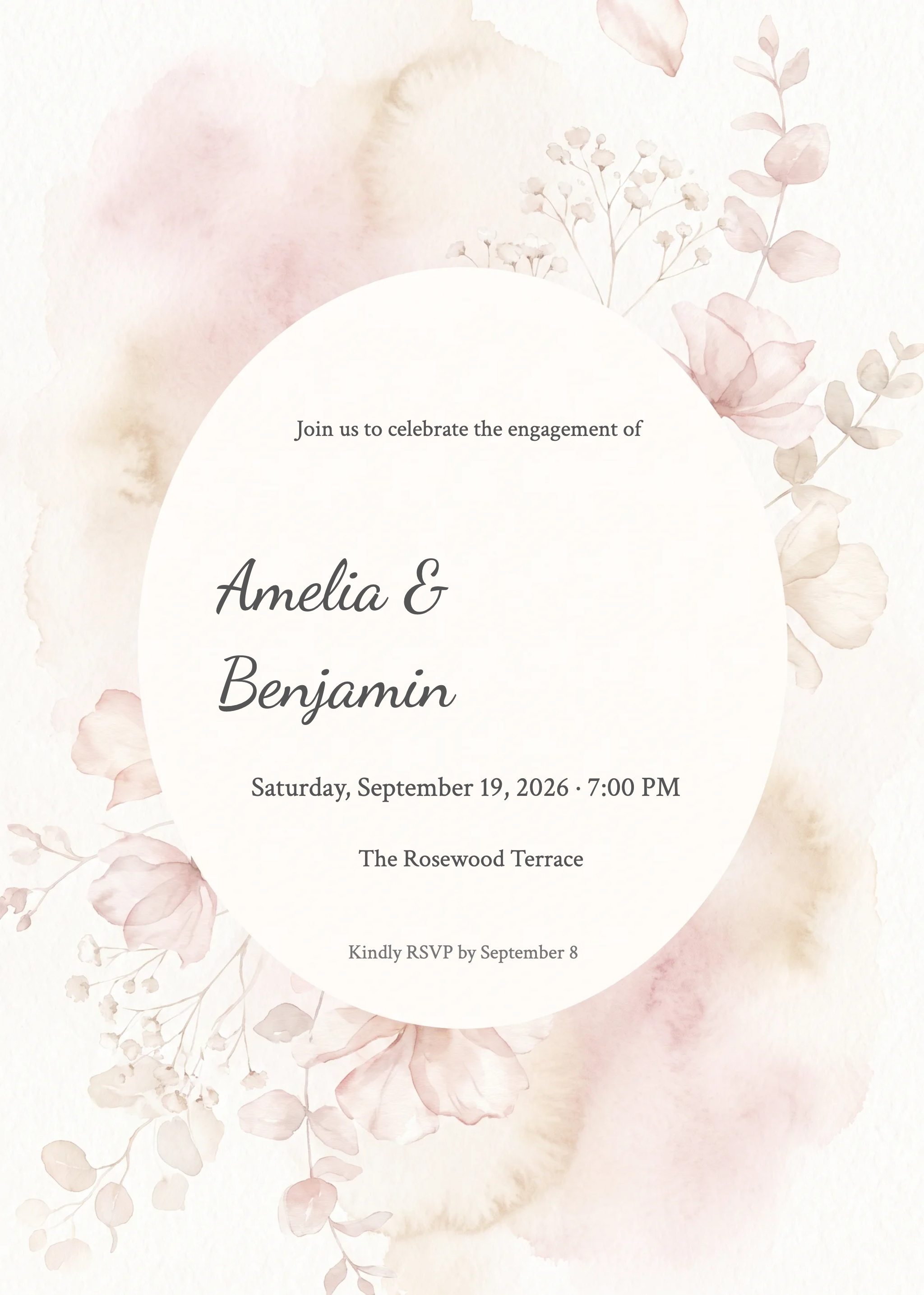 Blush watercolor engagement invitation with botanical florals and central oval frame.