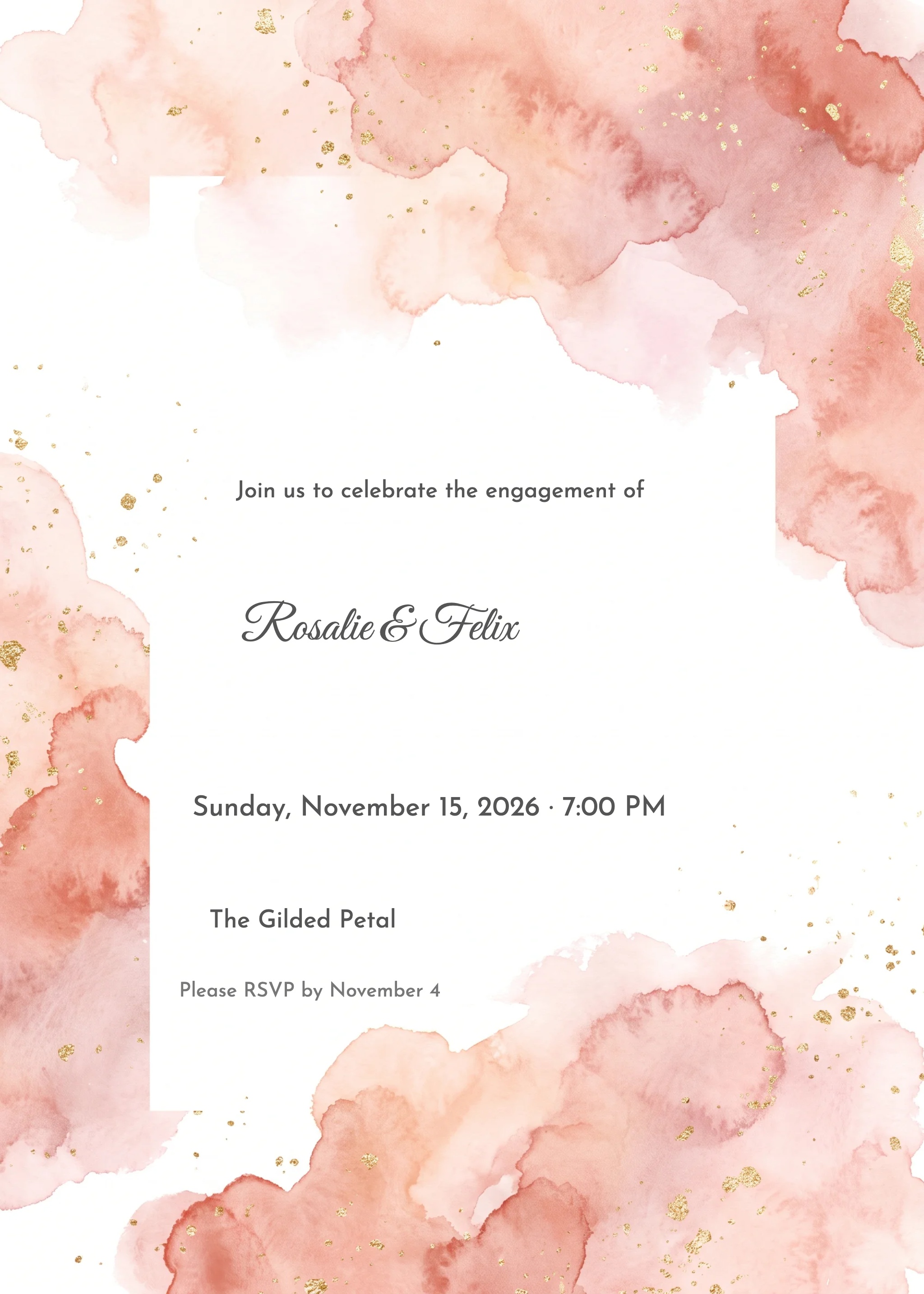 Blush watercolor and gold speckle engagement party invitation with white center panel.