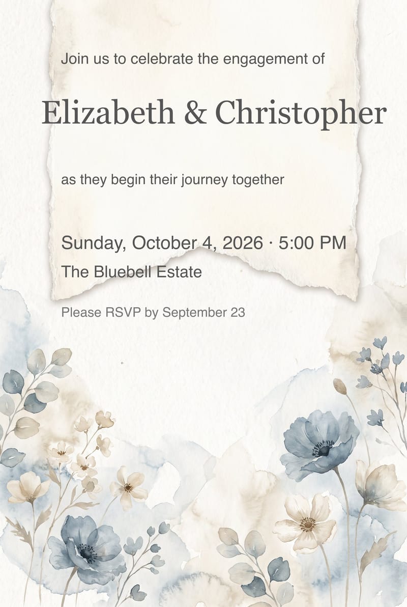 Dusty Blue Floral Torn Paper Engagement Party Invitation invitation
