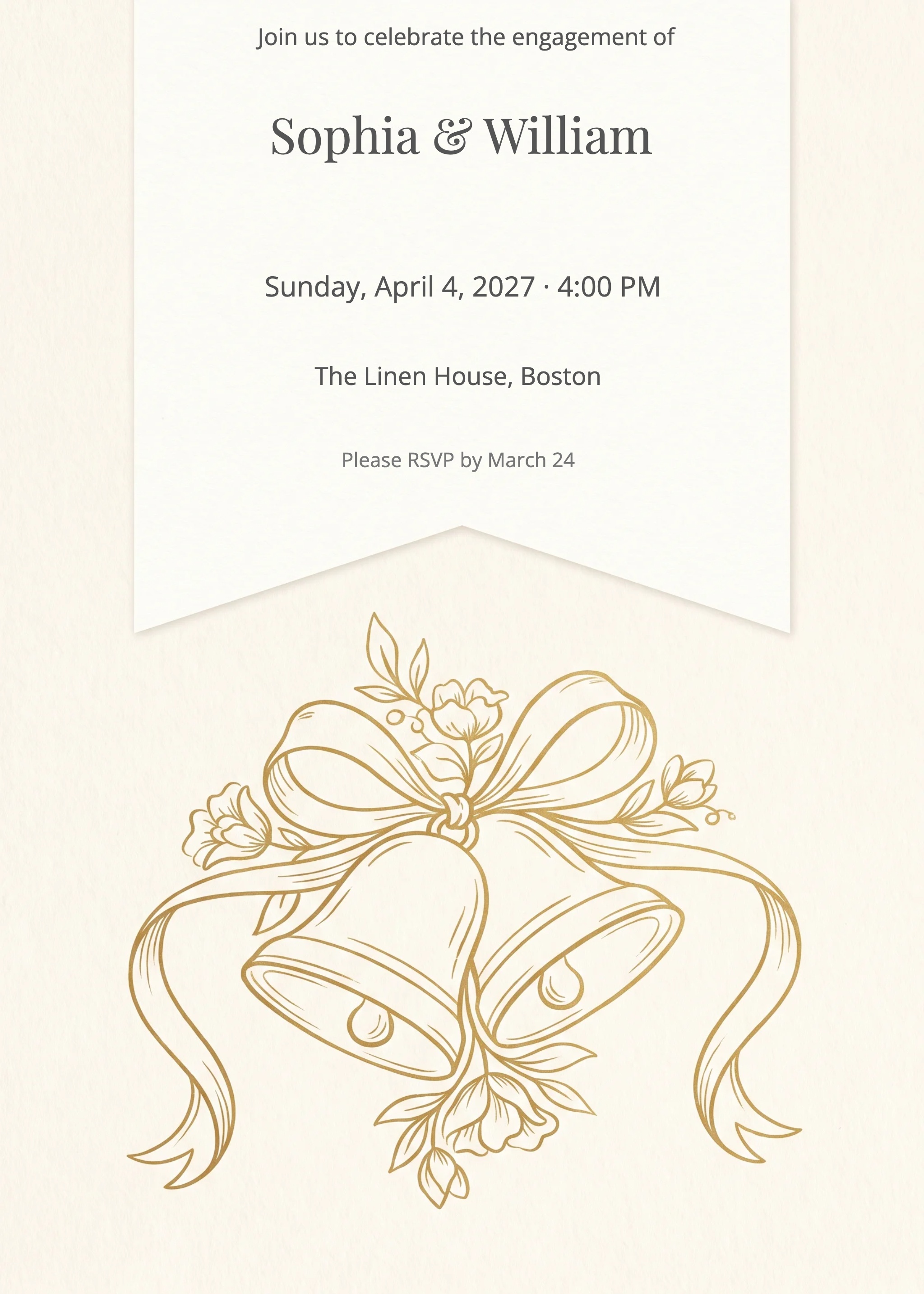 Cream engagement party invitation with gold wedding bells, ribbon bow, and floral sprigs.