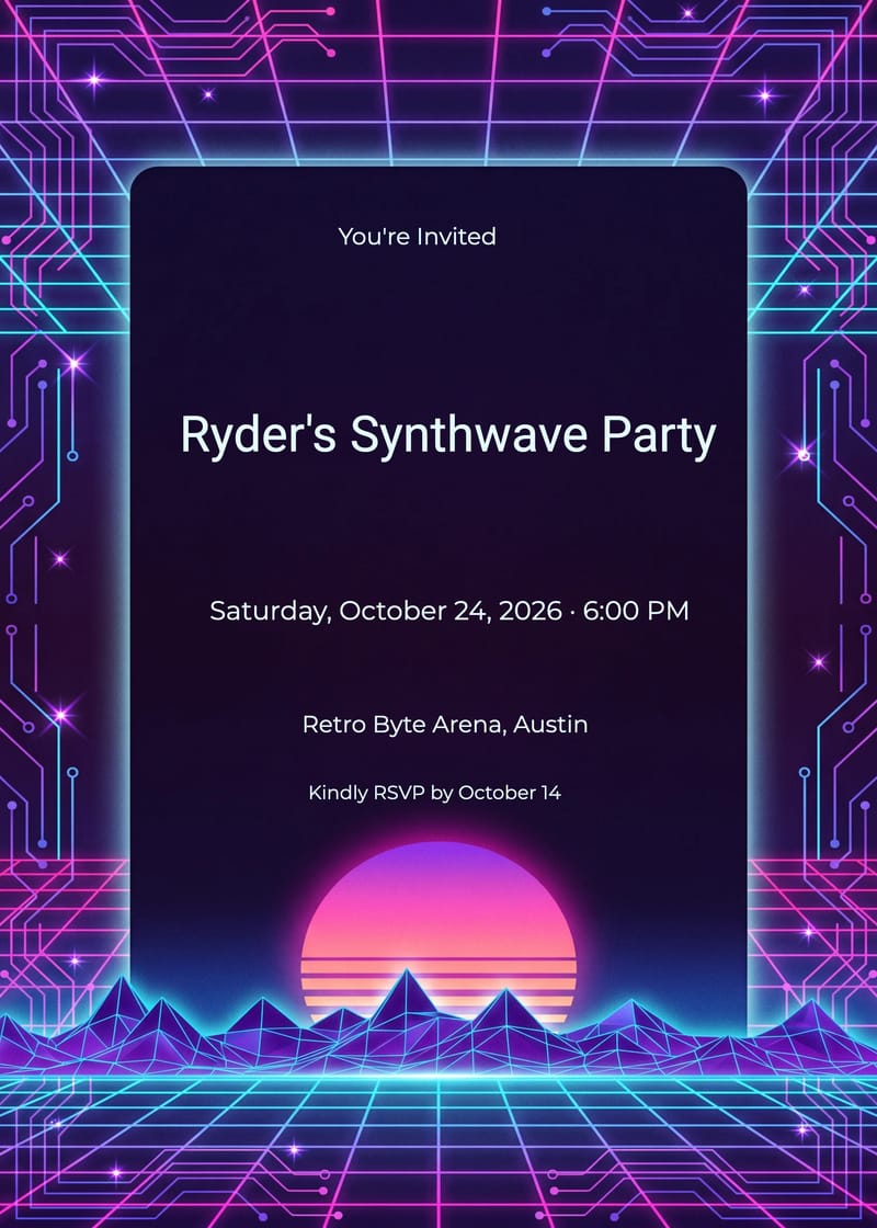 Neon Grid Synthwave Gaming Birthday Invitation invitation