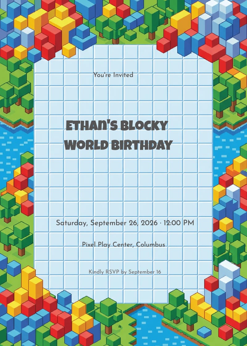 Blocky World Gaming Birthday Invitation invitation