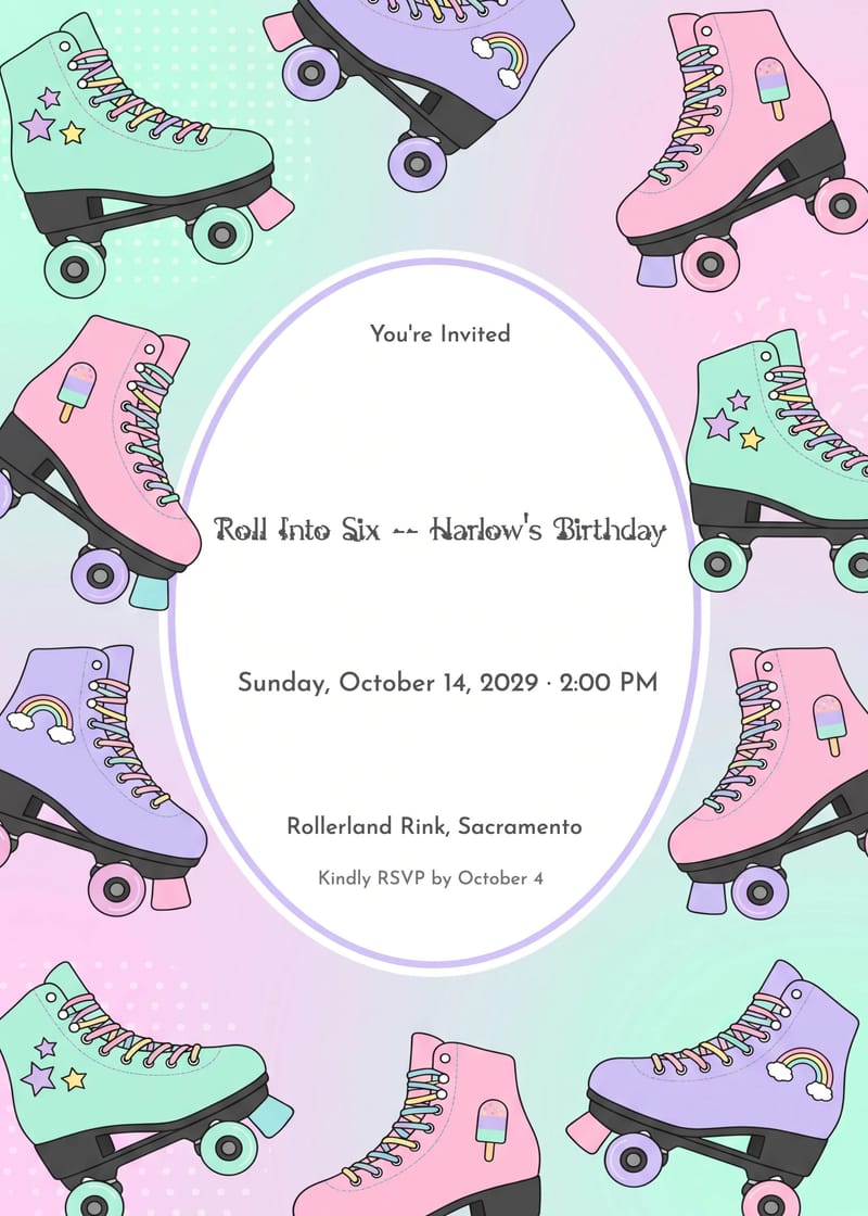 Roller Skates Girl Birthday Invitation invitation