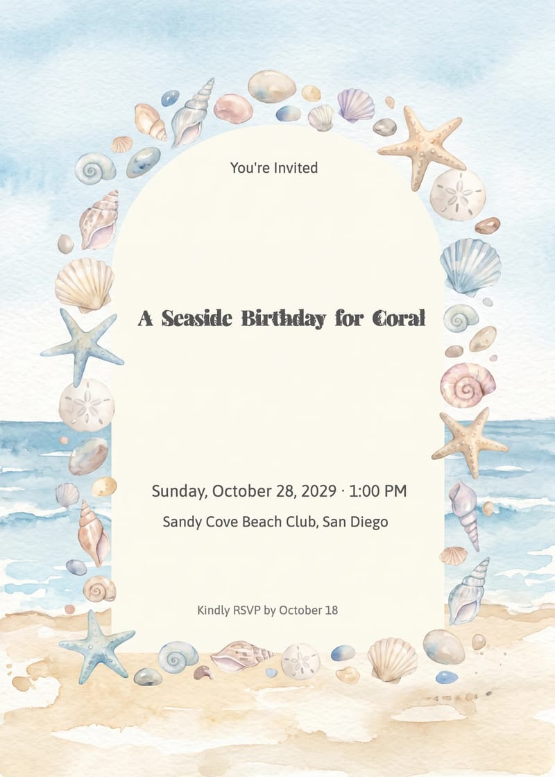Seashell Beach Girl Birthday Invitation invitation