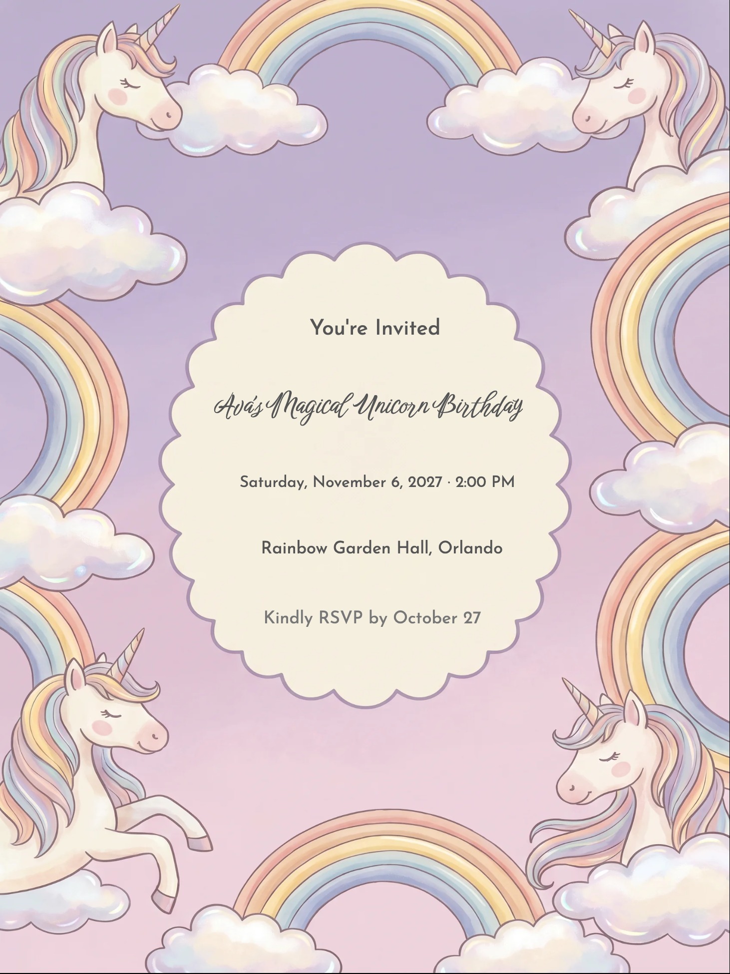 Lavender birthday invitation with unicorns, pastel rainbows, clouds, and a cream scalloped text badge.