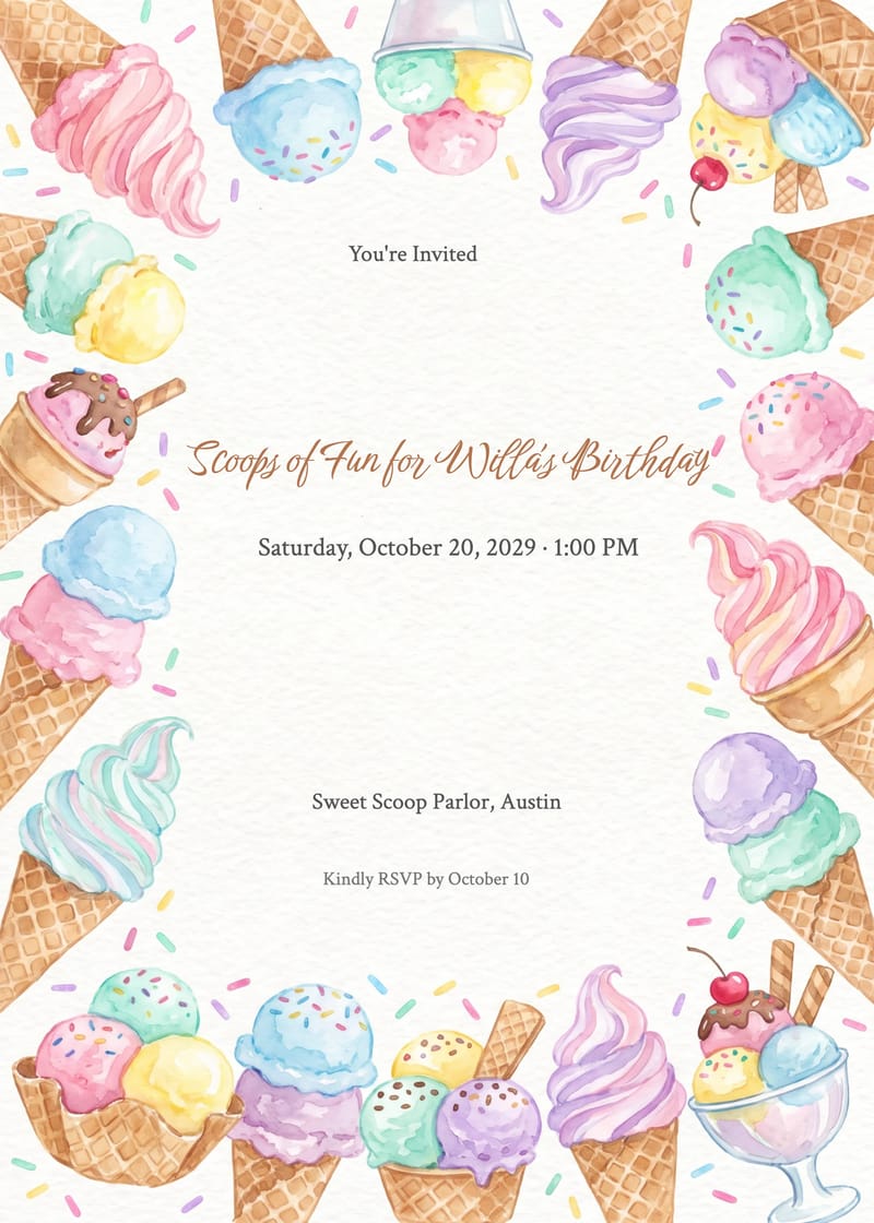 Ice Cream Party Girl Birthday Invitation invitation
