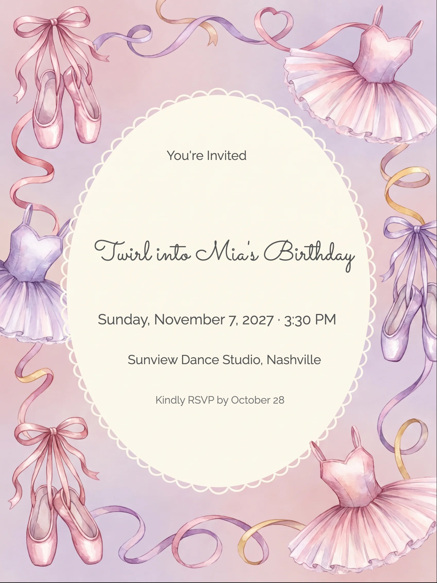 Ballet birthday invitation with watercolor tutus, pointe shoes, and ribbons on pink lavender background.