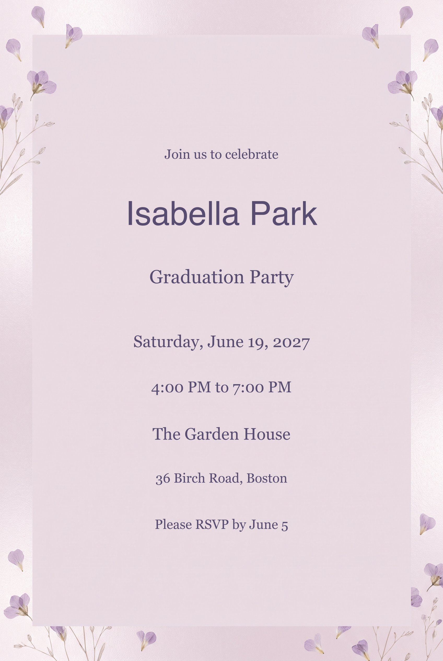 Lavender Pressed Petals Graduation Party Invitation 