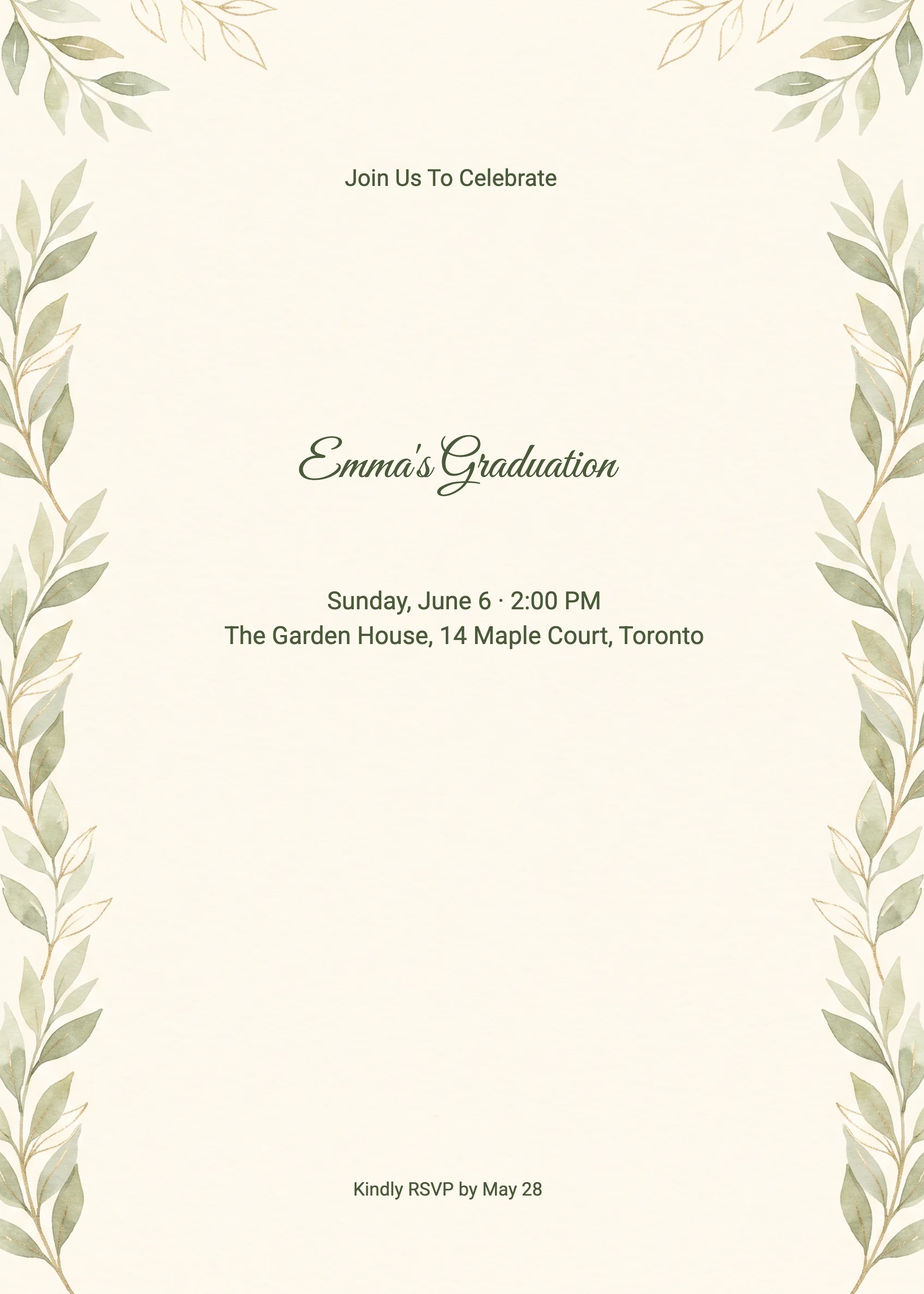 Olive Laurel Watercolor Graduation Party Invitation 