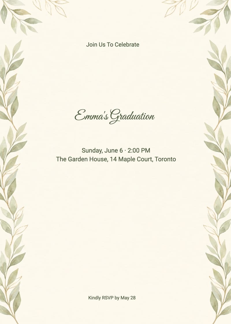 Olive Laurel Watercolor Graduation Party Invitation invitation