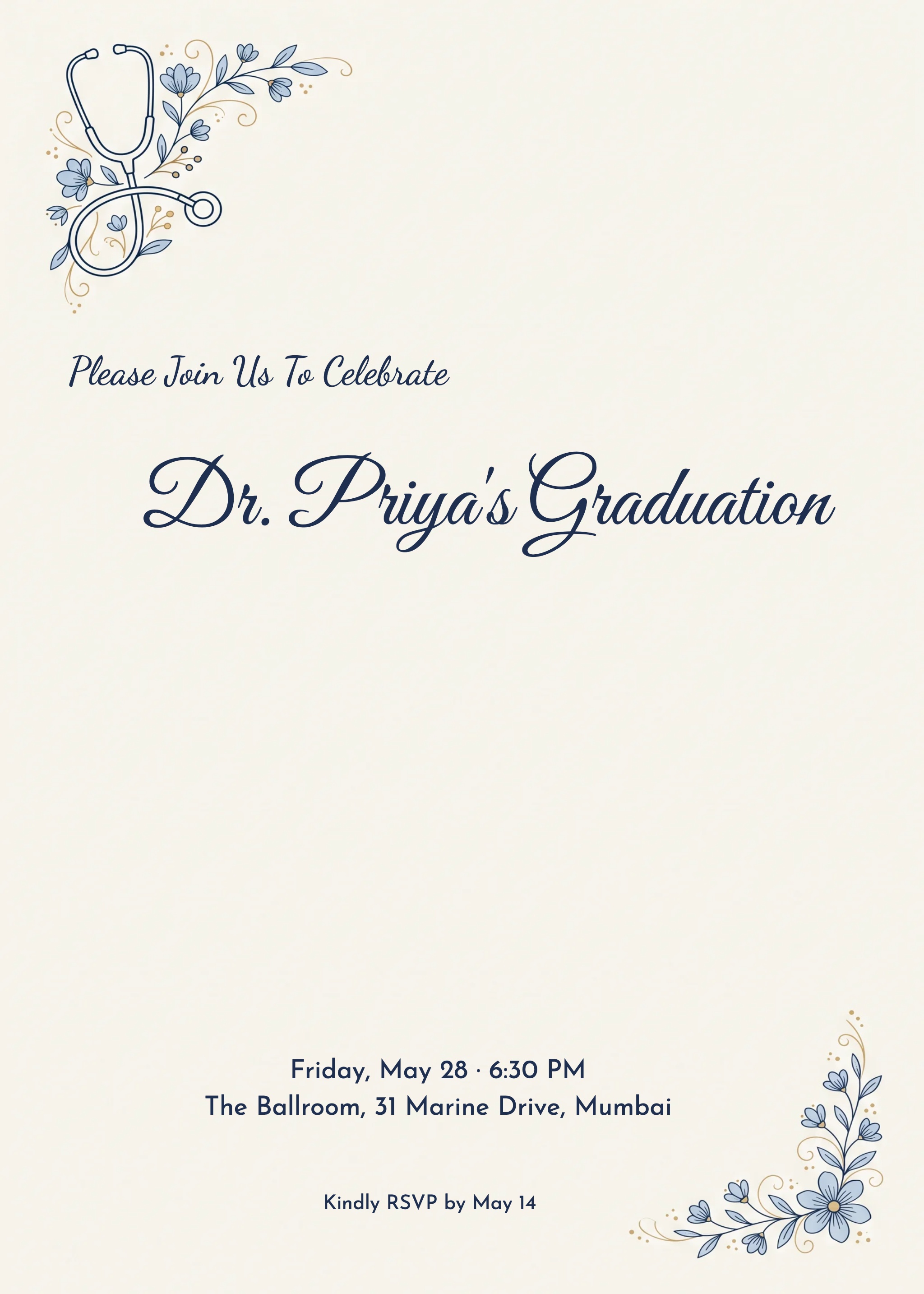 Navy Stethoscope Floral Medical Graduation Party Invitation 