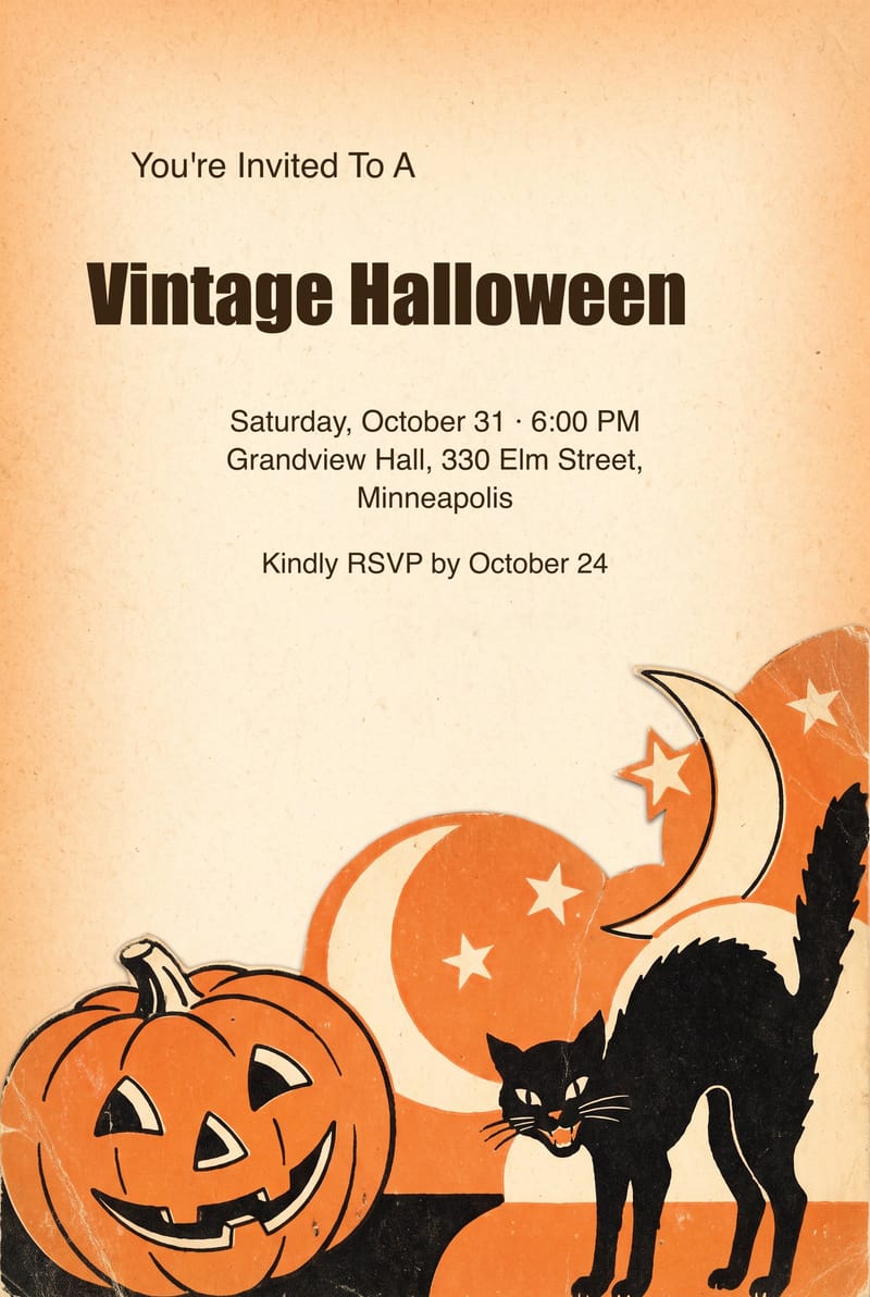Vintage 1950s Pumpkin Cat Halloween Invitation invitation