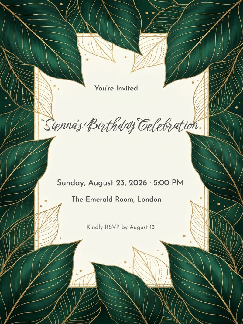 Emerald Gold Leaf Birthday Invitation For Her invitation