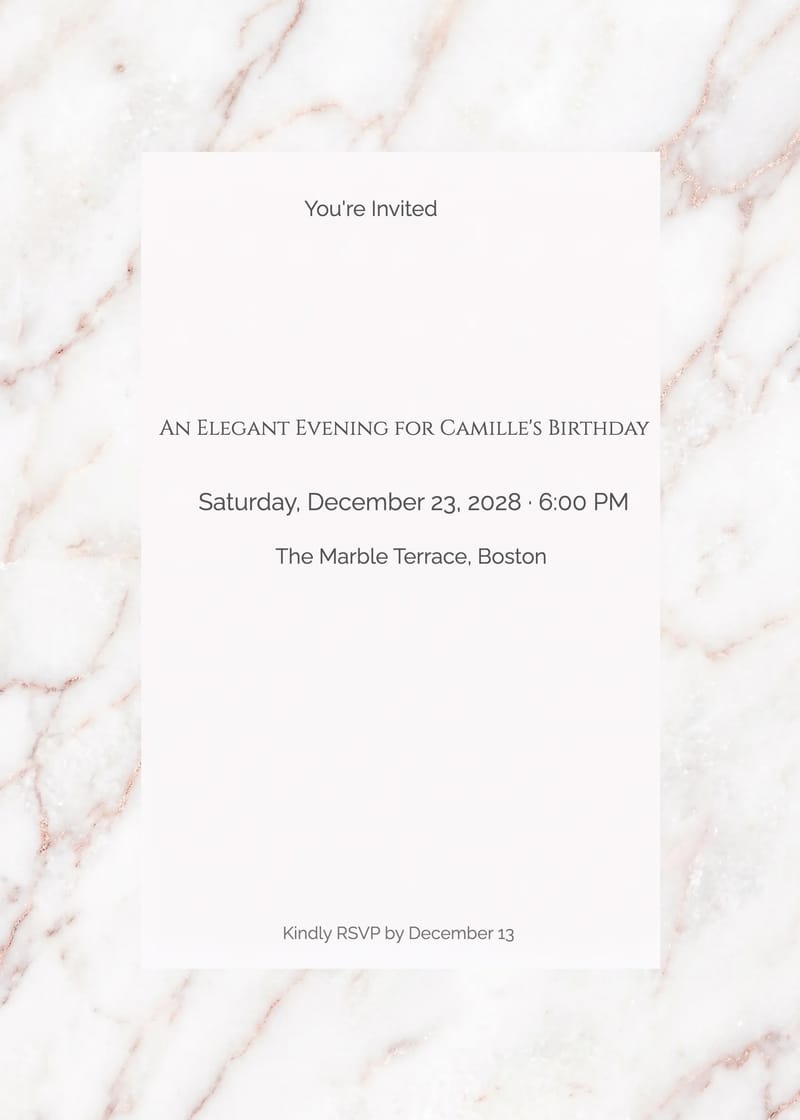 White marble birthday invitation with rose-gold veining and serif typography on a semi-transparent panel.