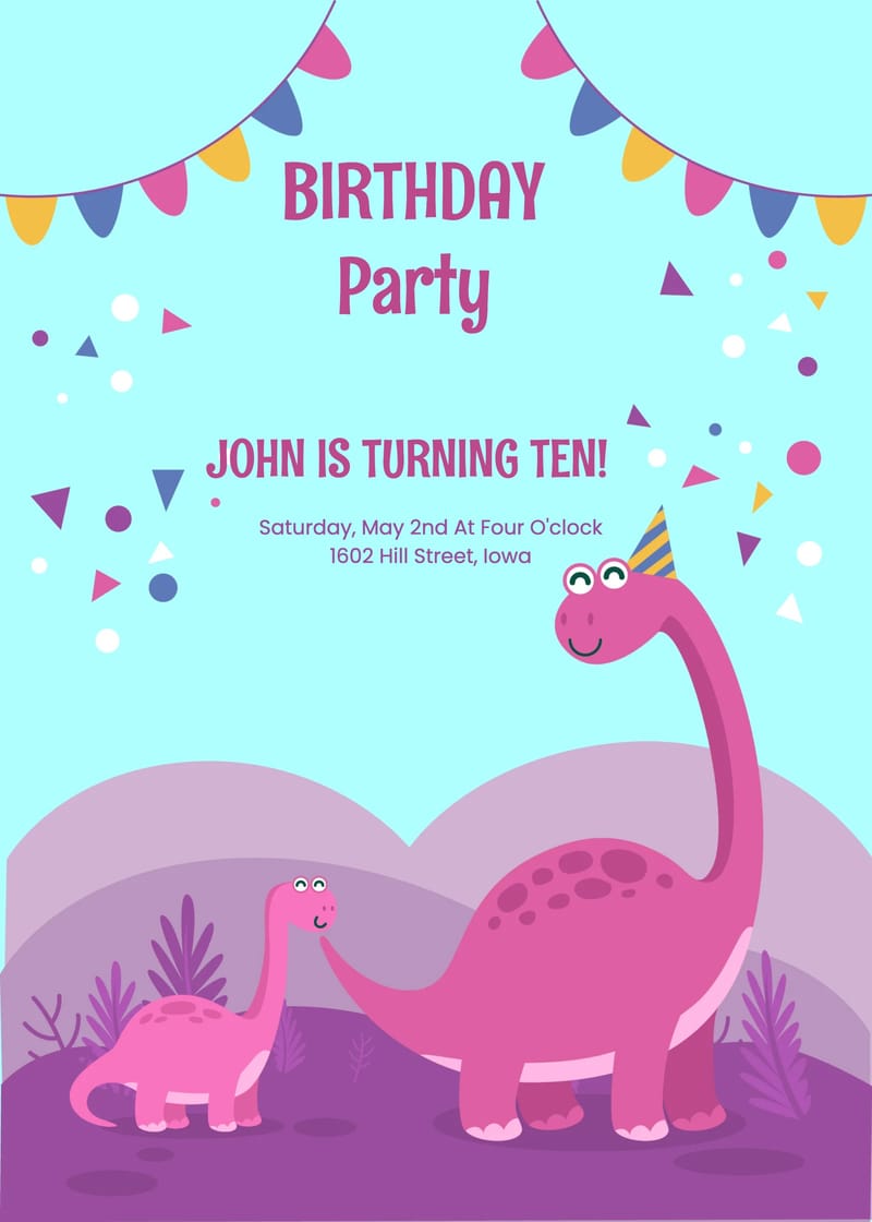 Fun dinosaur kids birthday invitation template with colorful T-Rex and jungle illustrations