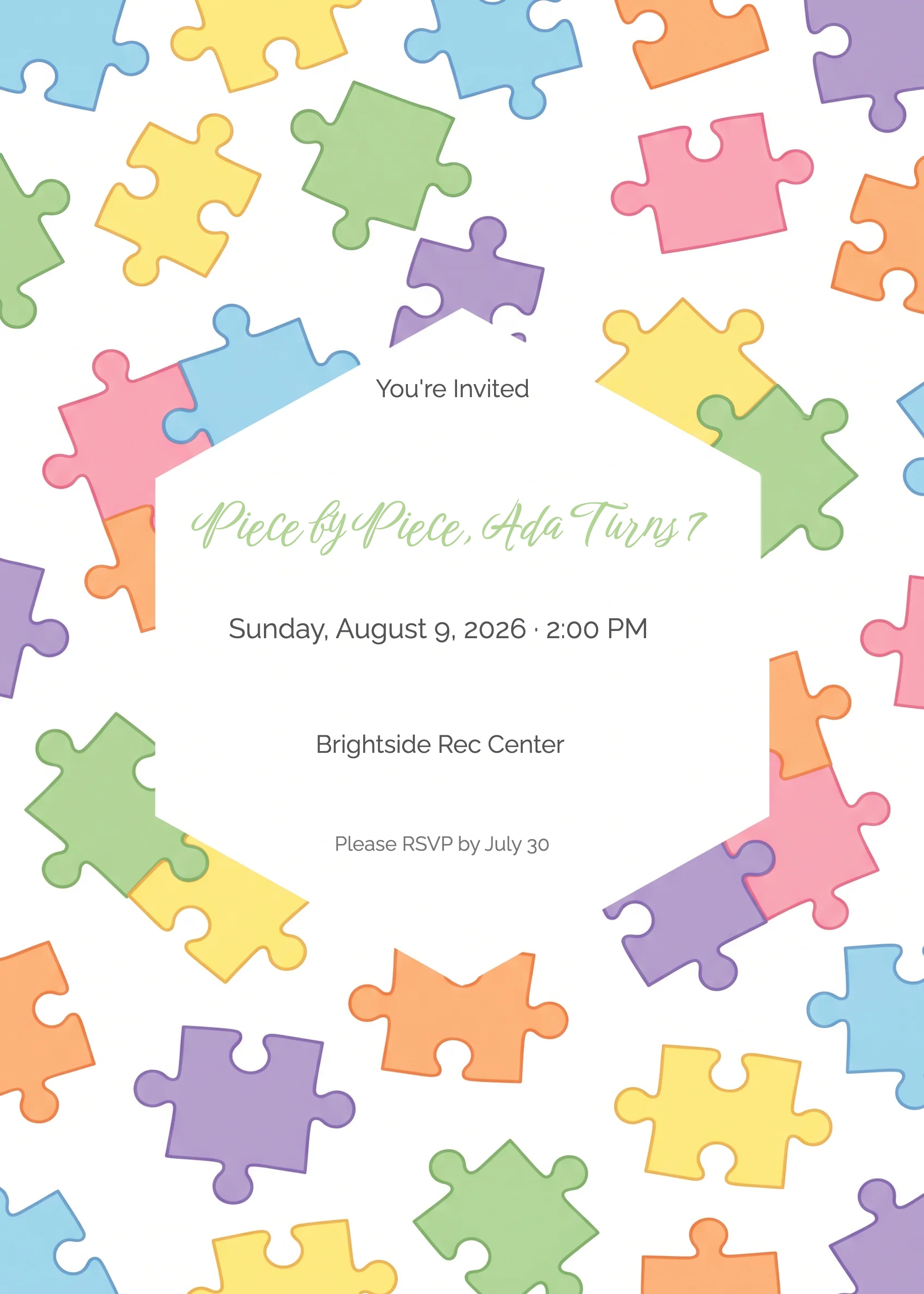 Jigsaw Puzzle Kids Birthday Invitation 