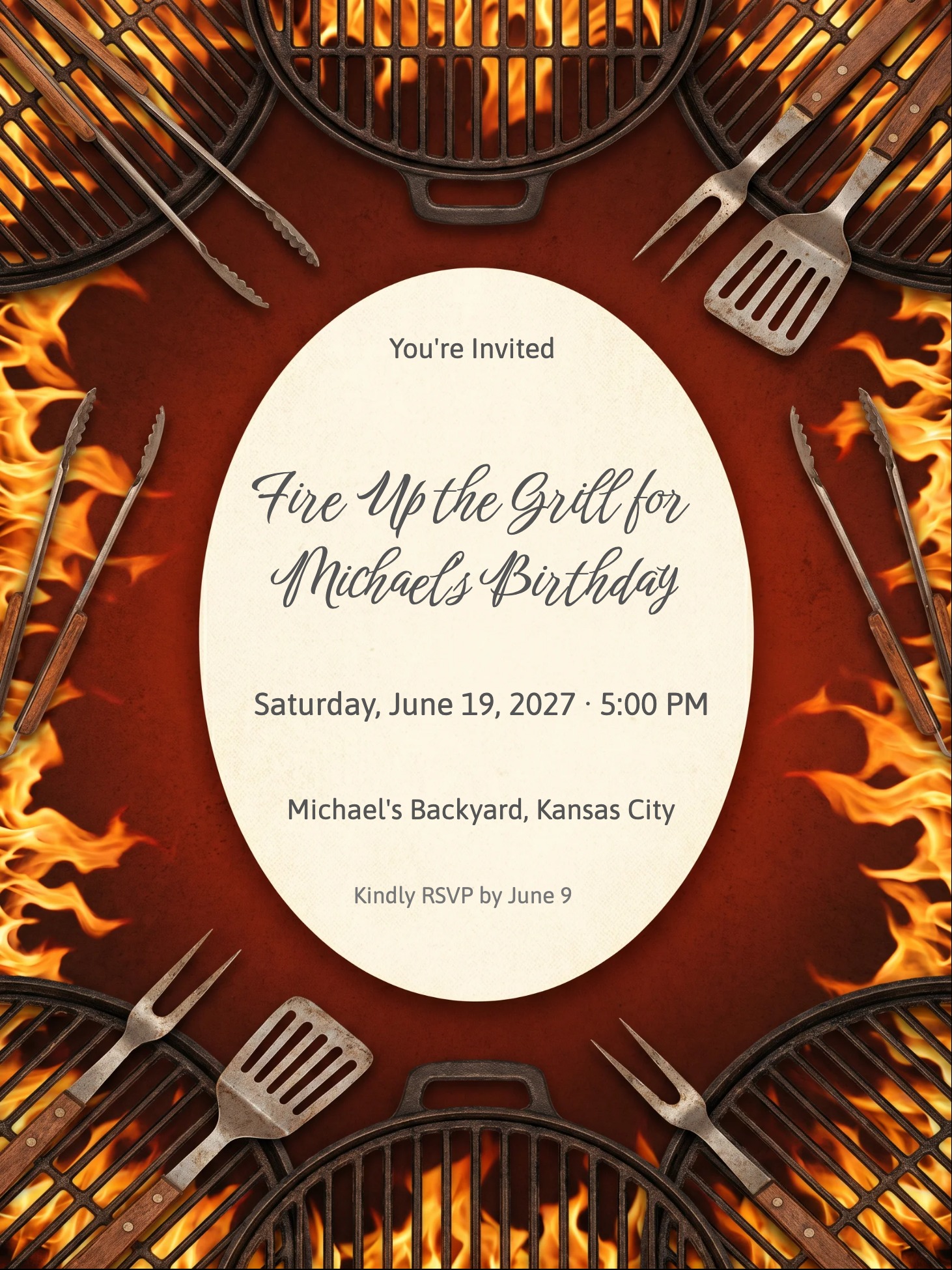 Birthday invitation with flaming grills, BBQ tools, and cream oval text panel on red background.