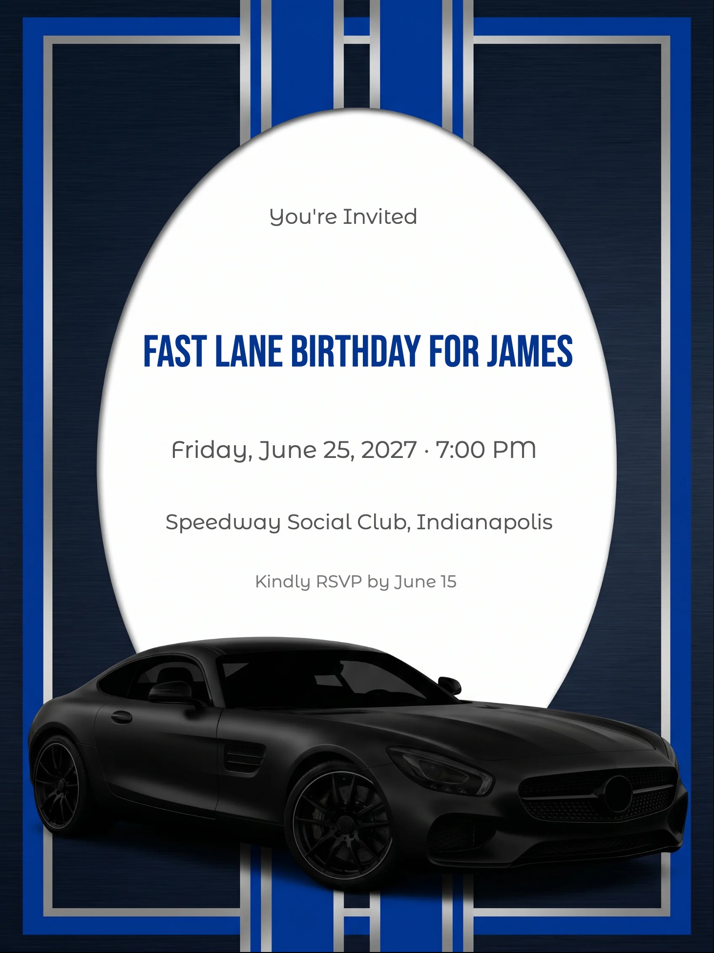 Navy blue birthday invitation with racing stripes, silver borders, and a black sports car.