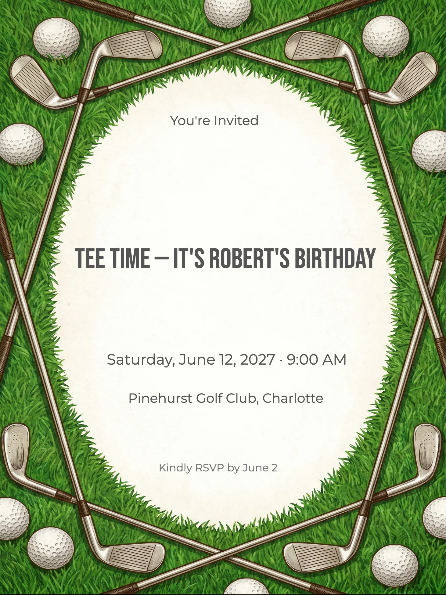 Birthday invitation with golf clubs, golf balls, and green grass border framing cream text panel.