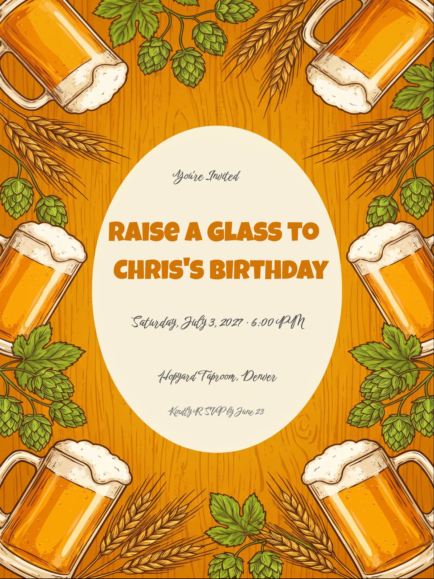 Birthday invitation with beer mugs, hop leaves, wheat stalks, and wood-grain background.