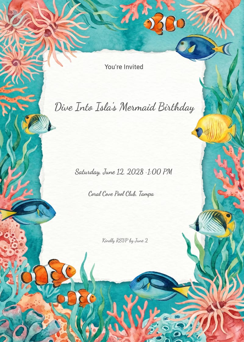 Teal Tropical Fish Mermaid Birthday Invitation invitation