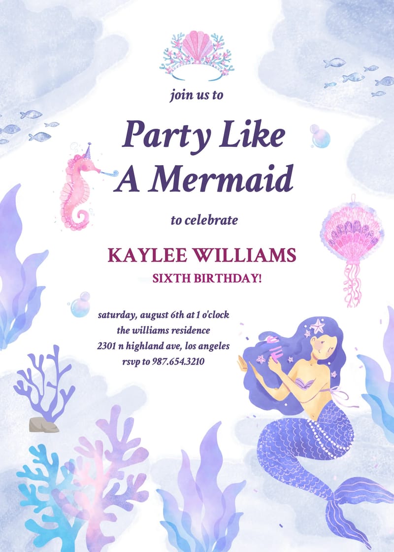 Modern mermaid birthday invitation invite â crown mermaid birthday invitation Card e-card design