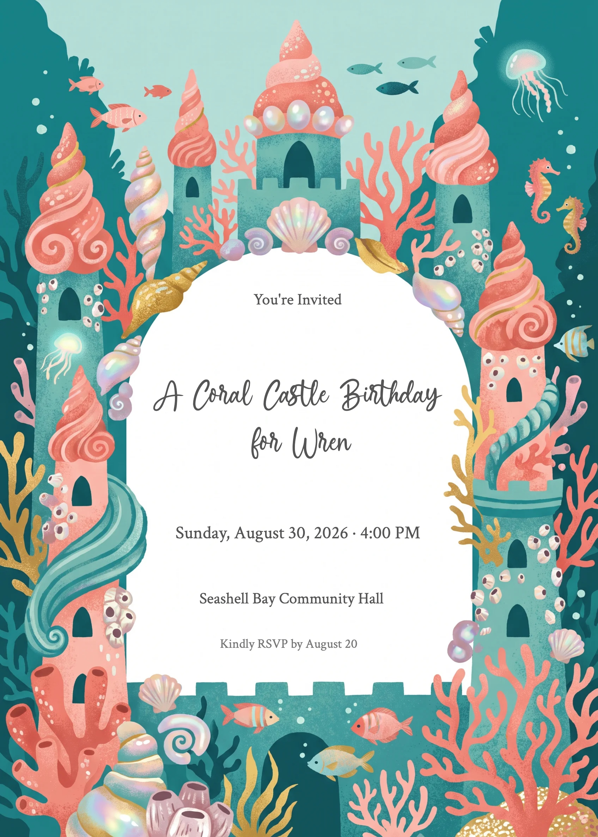Coral Castle Mermaid Birthday Invitation
