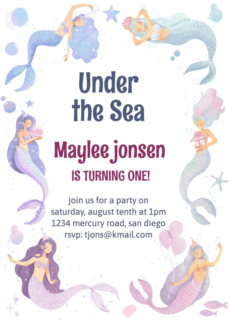 Enchanting mermaid birthday invitation template with turquoise ocean backdrop and coral reef details