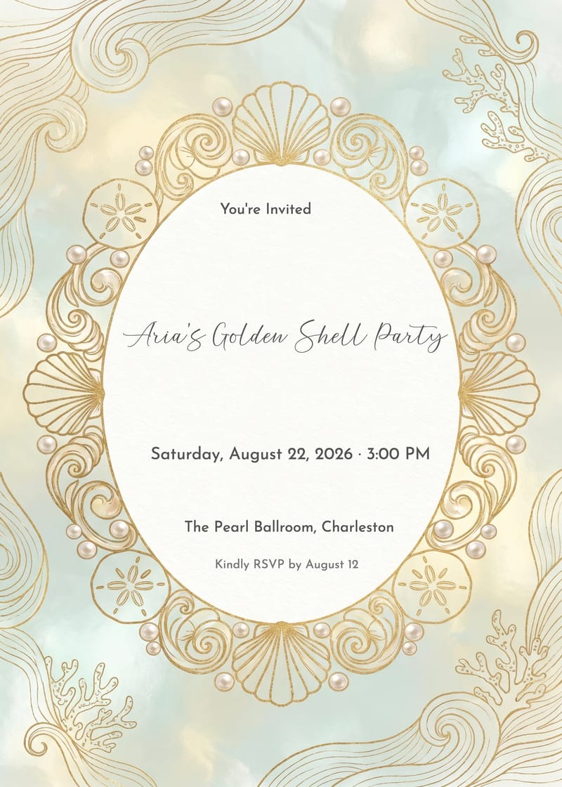 Ornate Gold Shell Frame Mermaid Birthday Invitation invitation