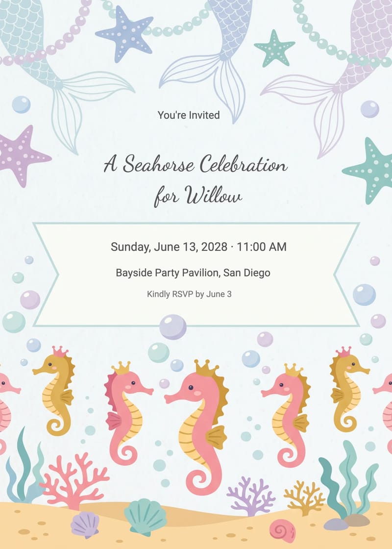 Seahorse Parade Mermaid Birthday Invitation invitation