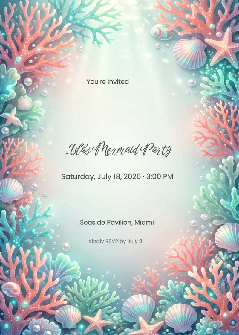 Pastel Coral Reef Mermaid Birthday Invitation invitation