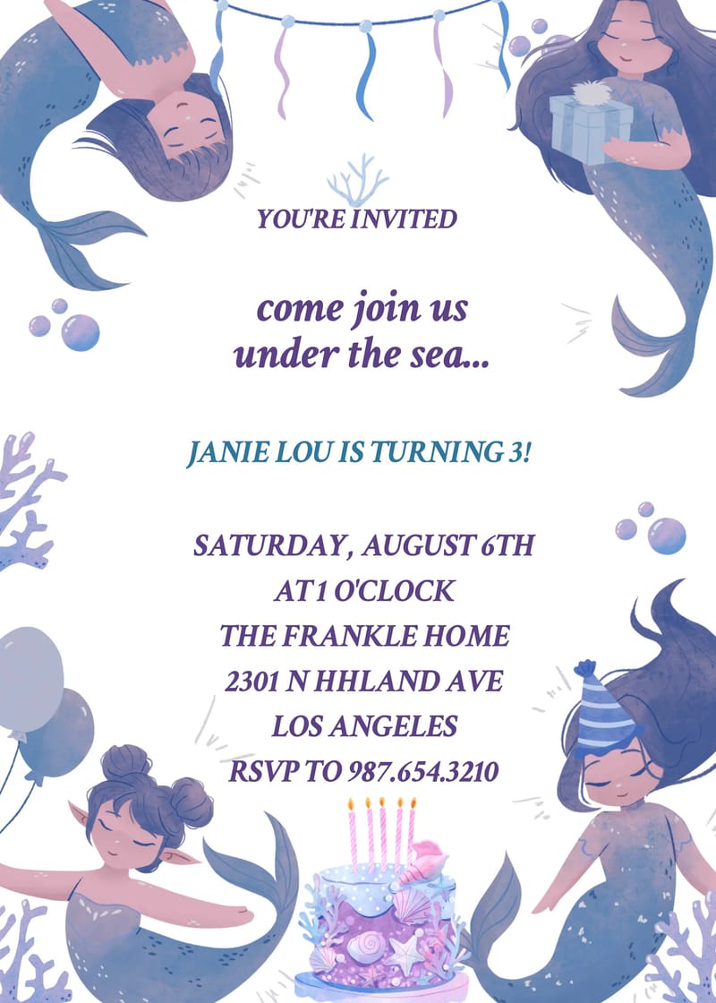 Modern mermaid birthday invitation invite â water mermaid birthday invitation Template e-card design