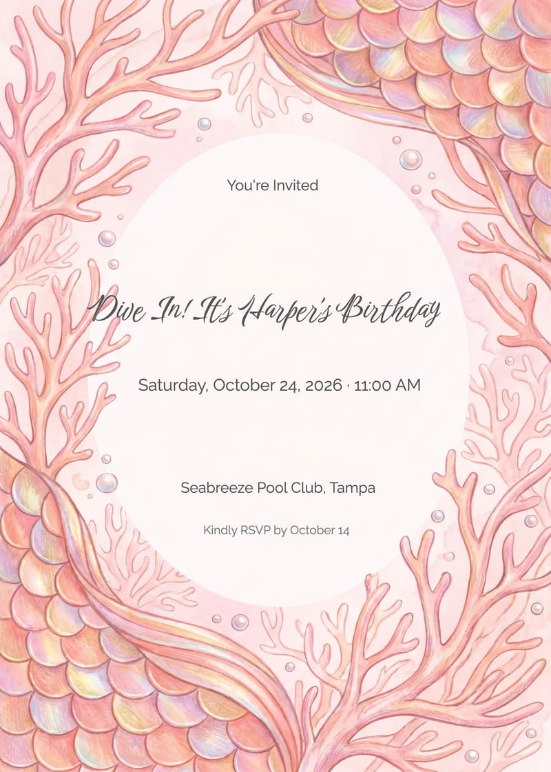 Coral Pink Mermaid Birthday Invitation invitation