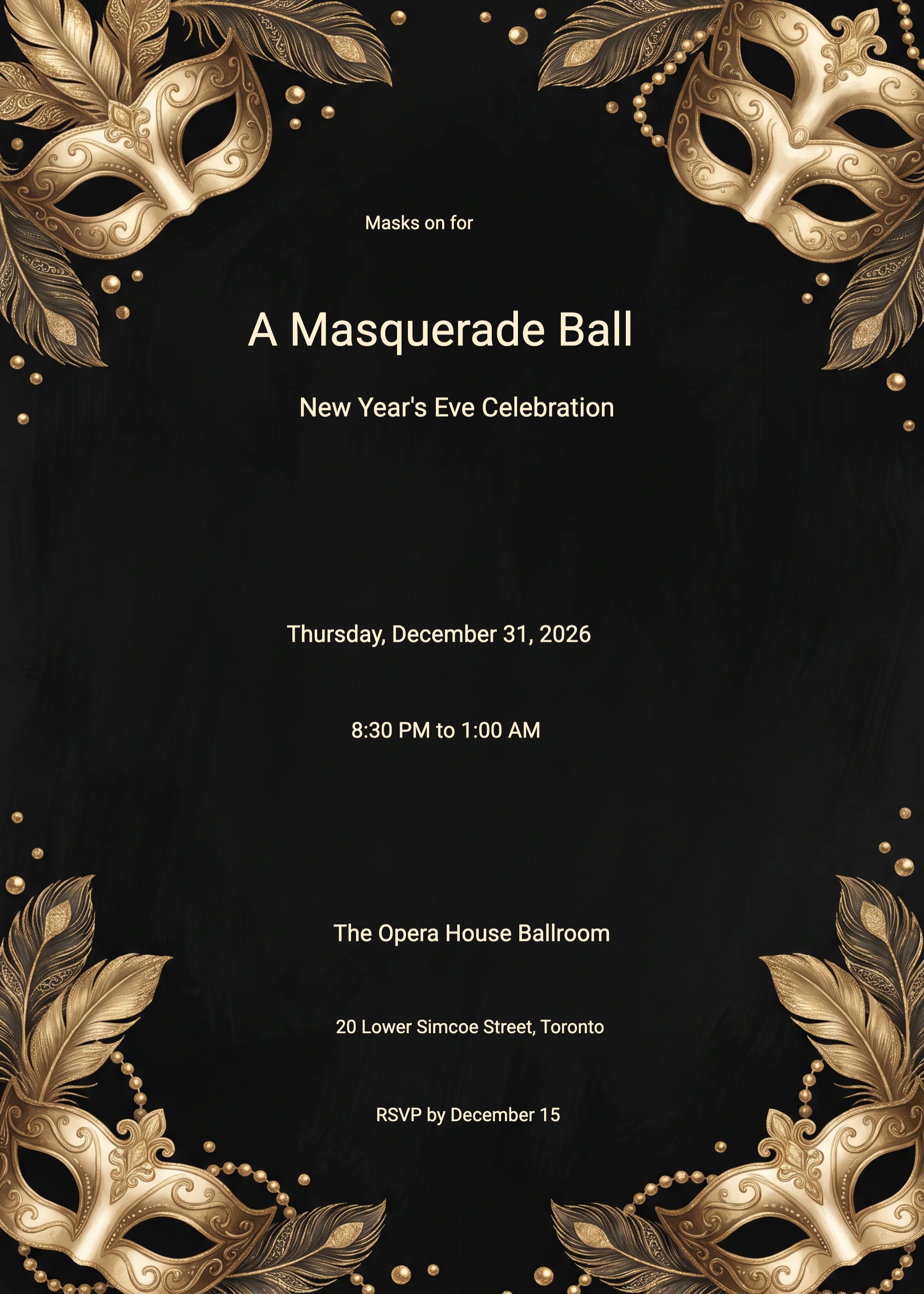 Gold Masquerade Evening New Year's Eve Invitation 