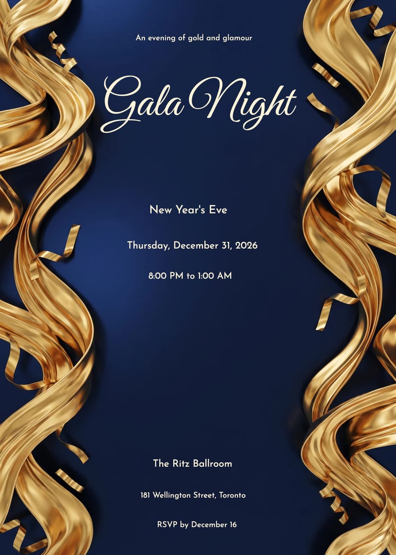 Gold Ribbons On Navy New Year's Eve Invitation invitation