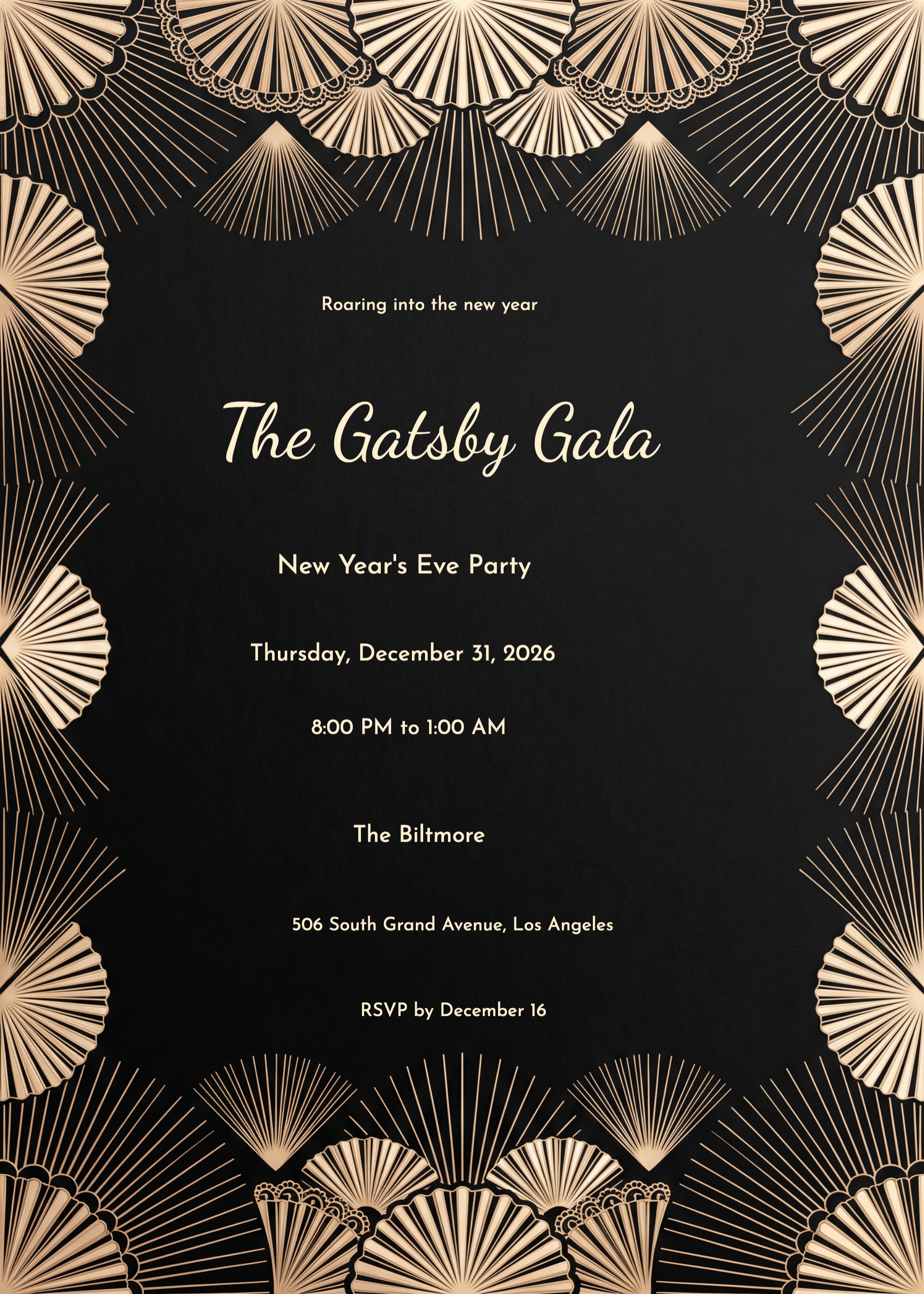 Champagne Deco Fan Bursts New Year's Eve Invitation 
